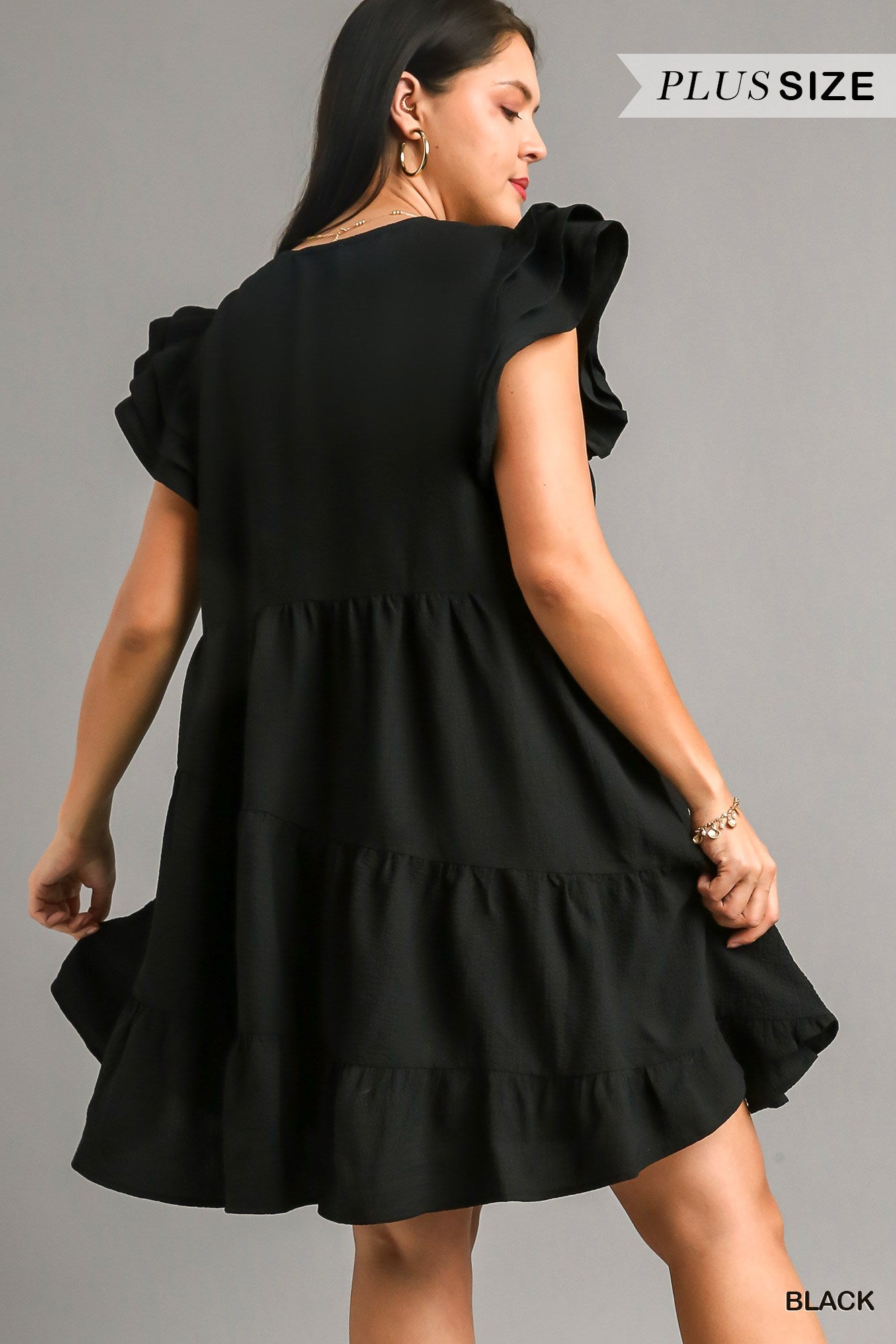 Umgee Plus Texture Fabric V-Neck Asymmetrical Tiers Dress
