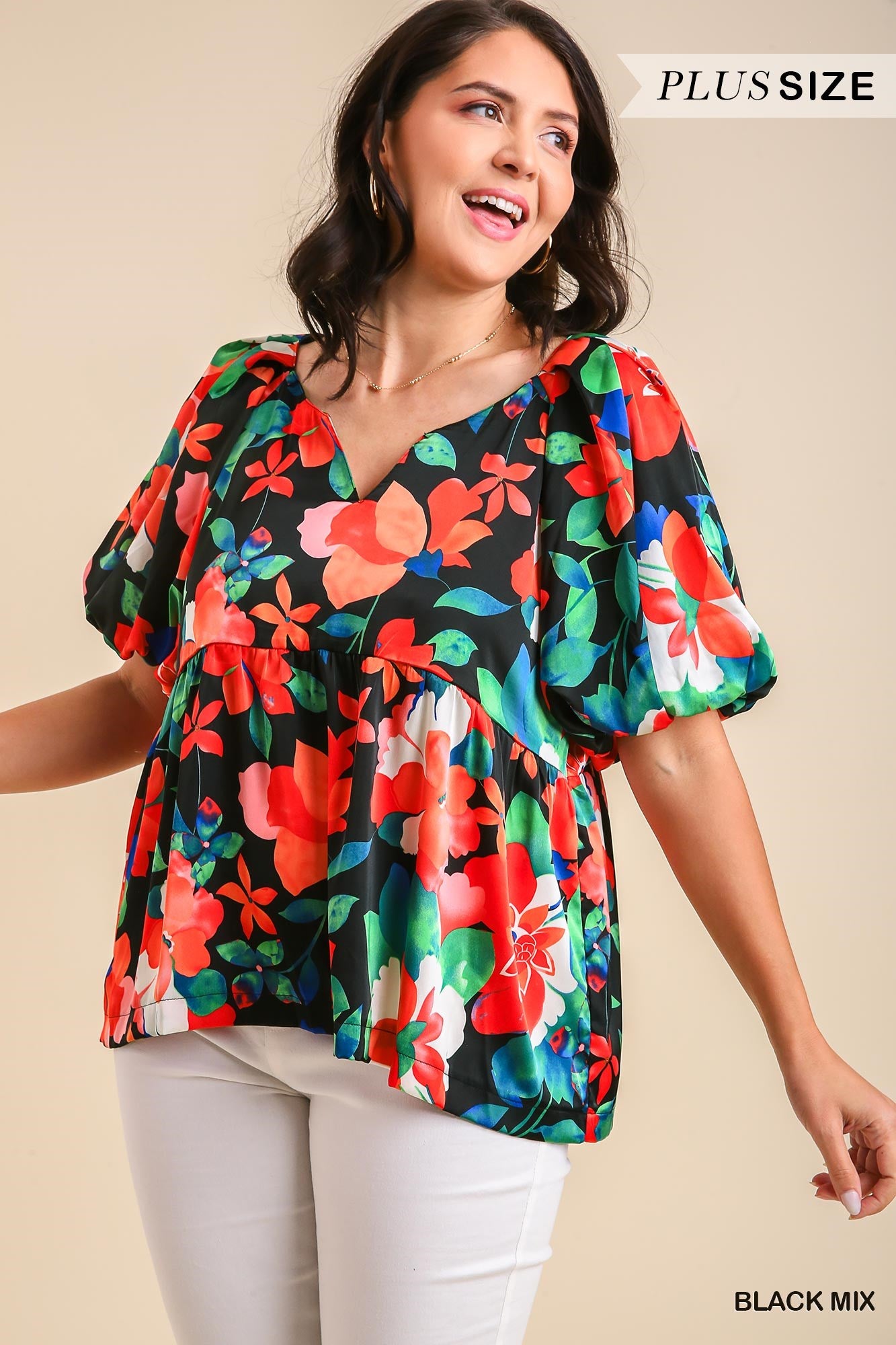 Umgee Plus Split Neck Print Puff Sleeves Back Button Keyhole Top