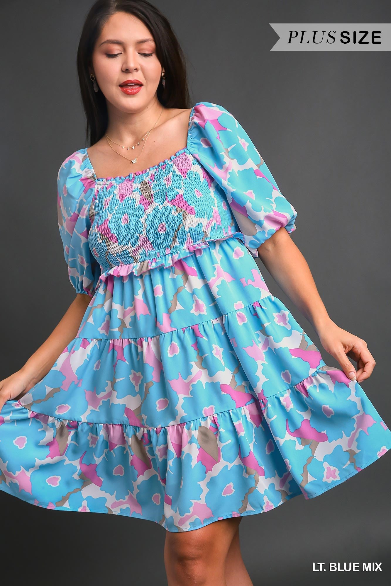 Umgee Plus Square Neck Smocked Tiered Balloon Sleeves Dress