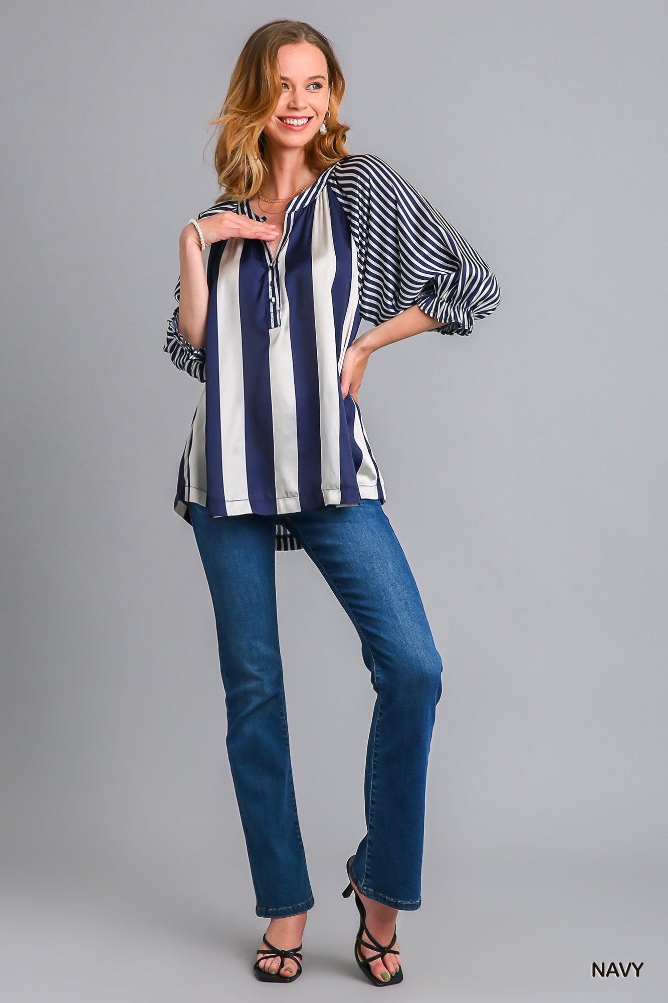 Umgee Satin Stripe Raglan Sleeve High Low Hem Top - Roulhac Fashion Boutique