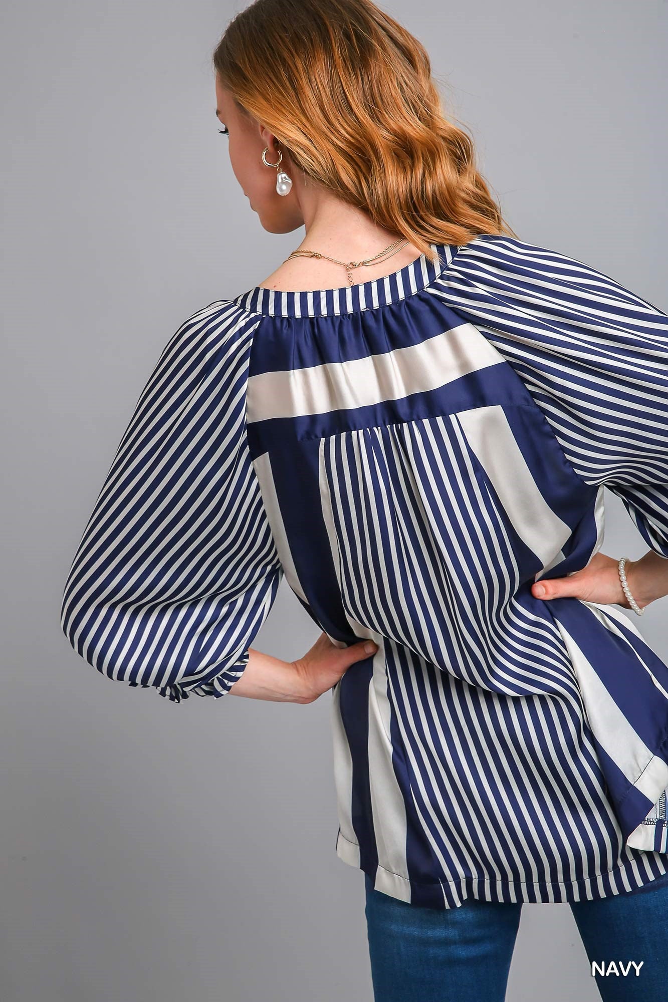 Umgee Satin Stripe Raglan Sleeve High Low Hem Top - Roulhac Fashion Boutique