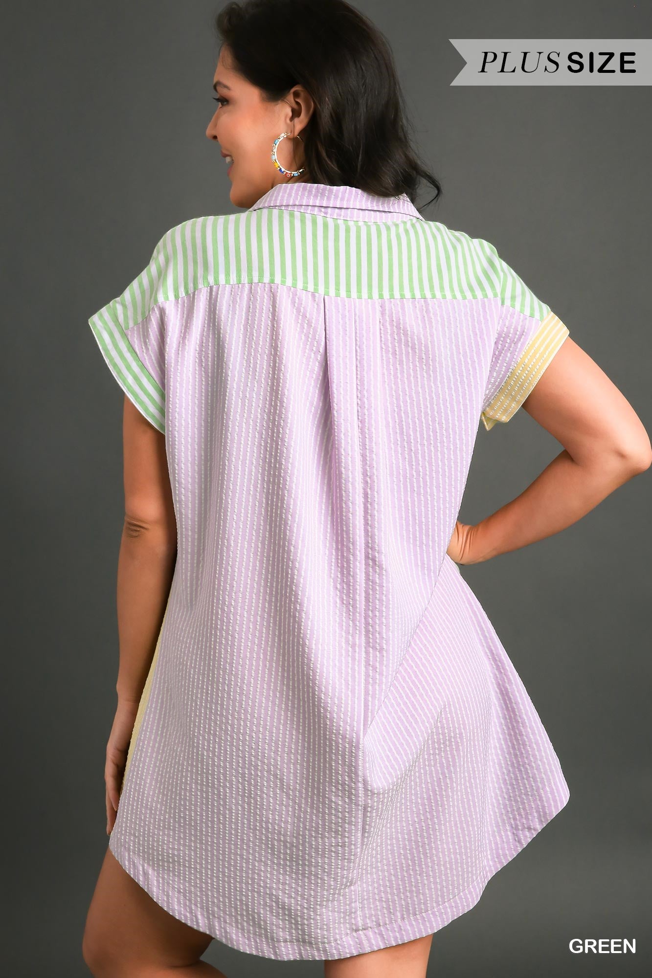 Umgee Plus Mixed Colorblock Stripe Button Down Chest Pocket Dress