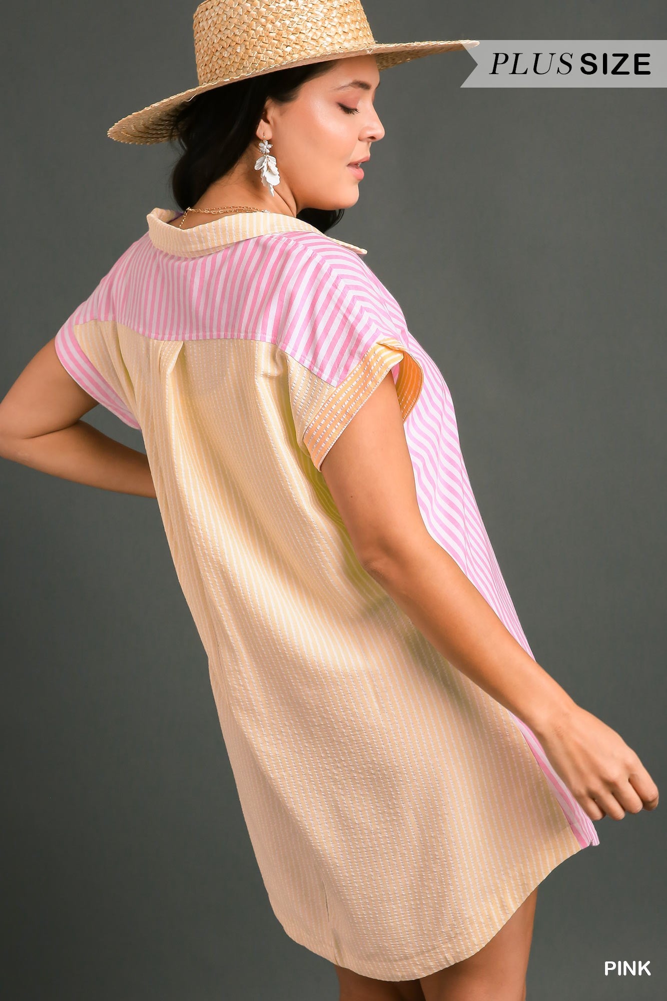 Umgee Plus Mixed Colorblock Stripe Button Down Chest Pocket Dress