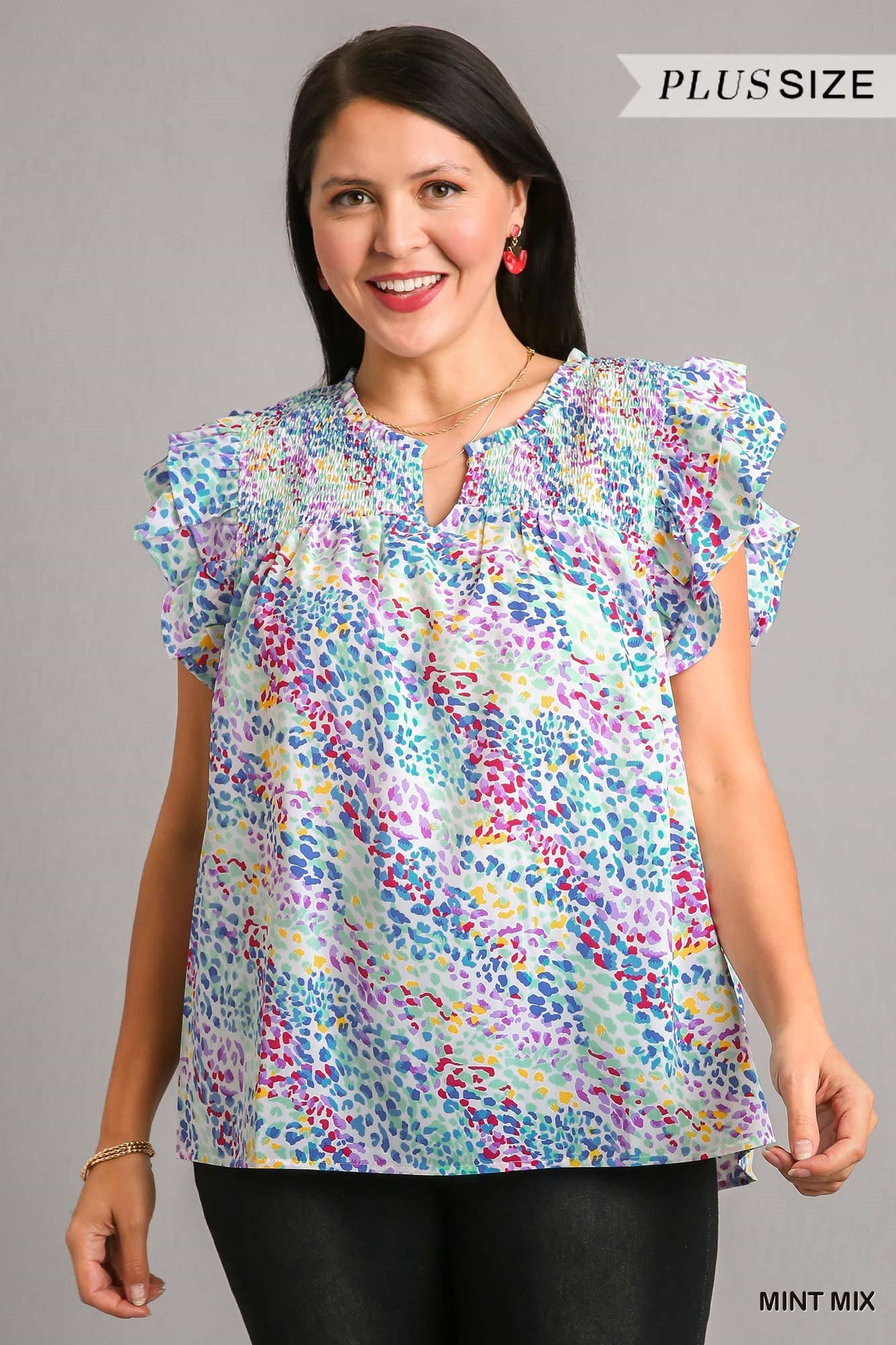 Umgee Plus Double Layered Ruffle Short Sleeves V-Notch Smocked Top