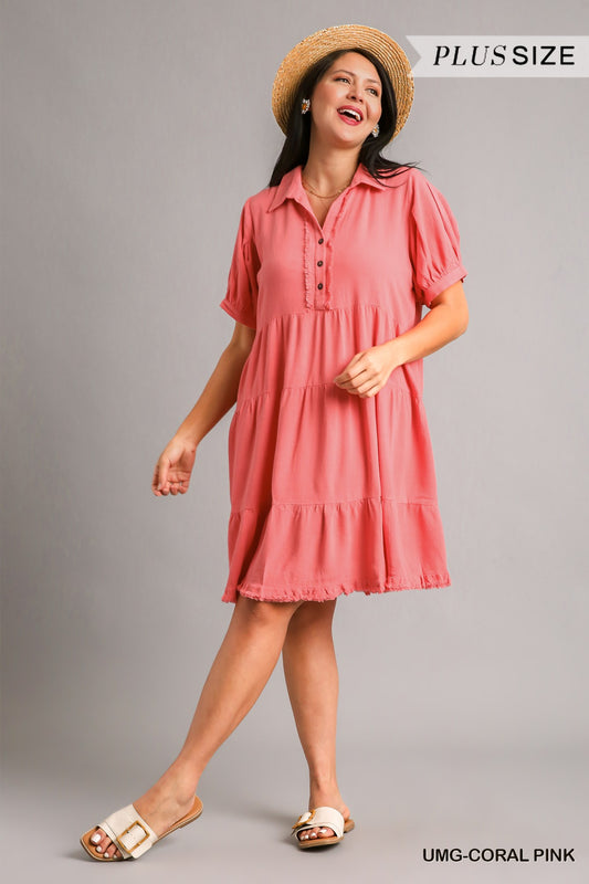 Umgee Plus Linen Collared Tiered Pleated Sleeves Coconut Button Dress