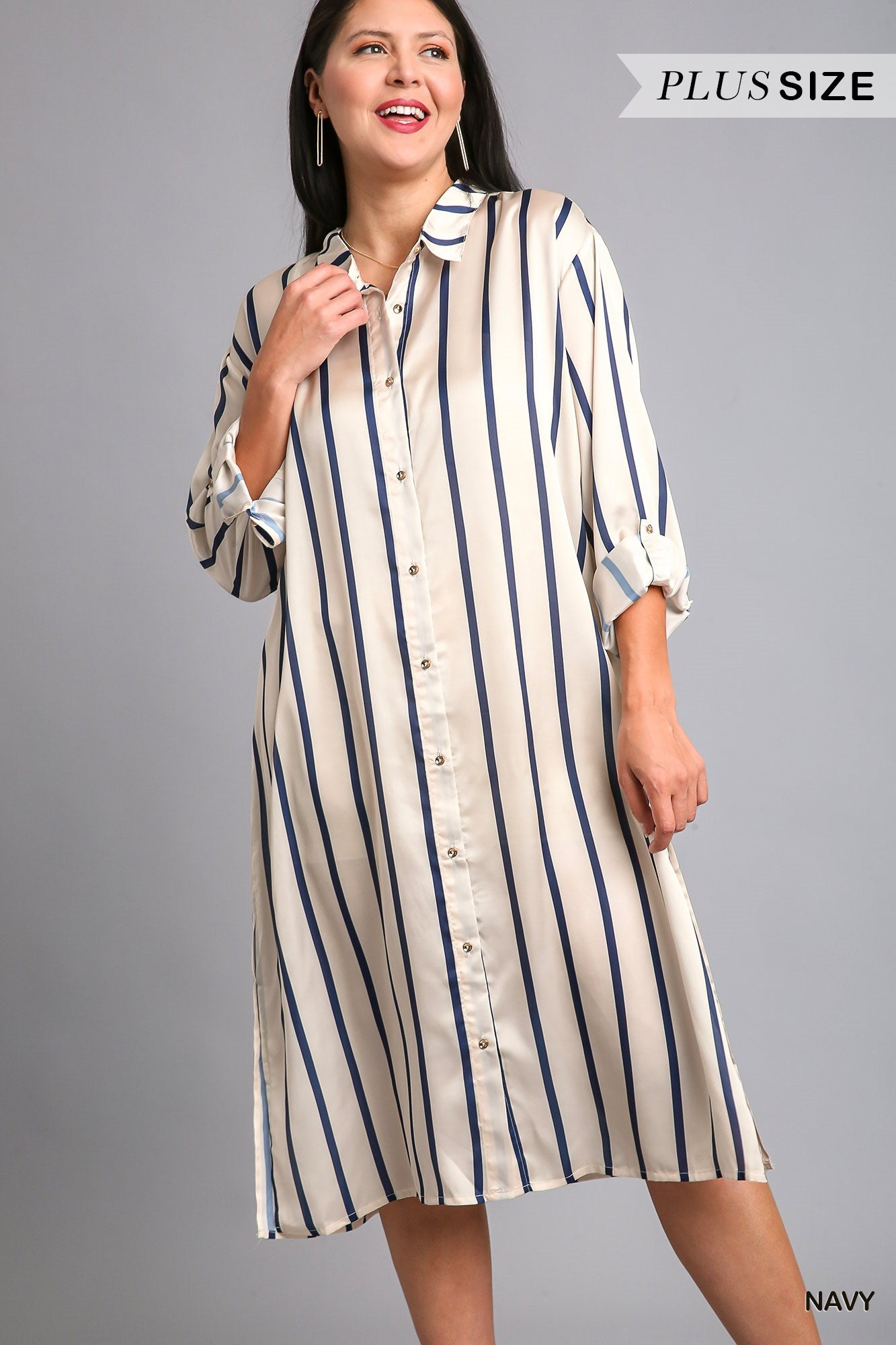 Umgee Plus Stripped Collared Button Down Midi Shirt Side Slits Dress