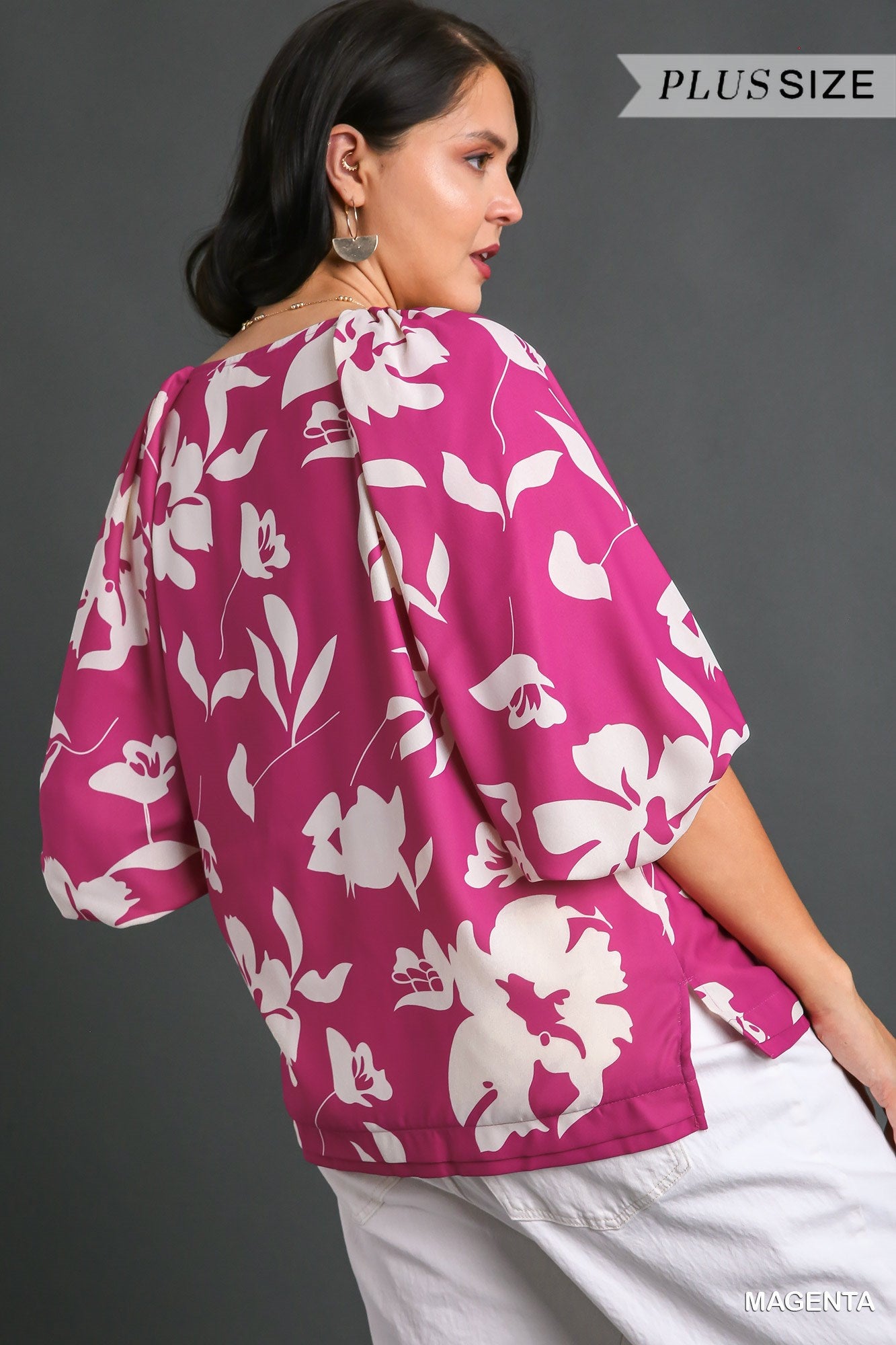 Umgee Plus Flower Print 3/4 Cuffed Long Sleeve Top