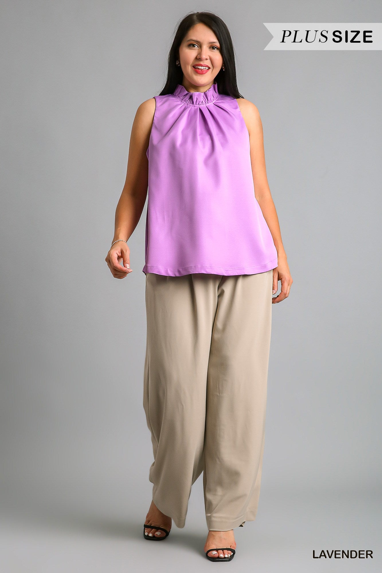 Umgee Plus Ruffle Neck Sleeveless Pleats Back Bow Tie Top