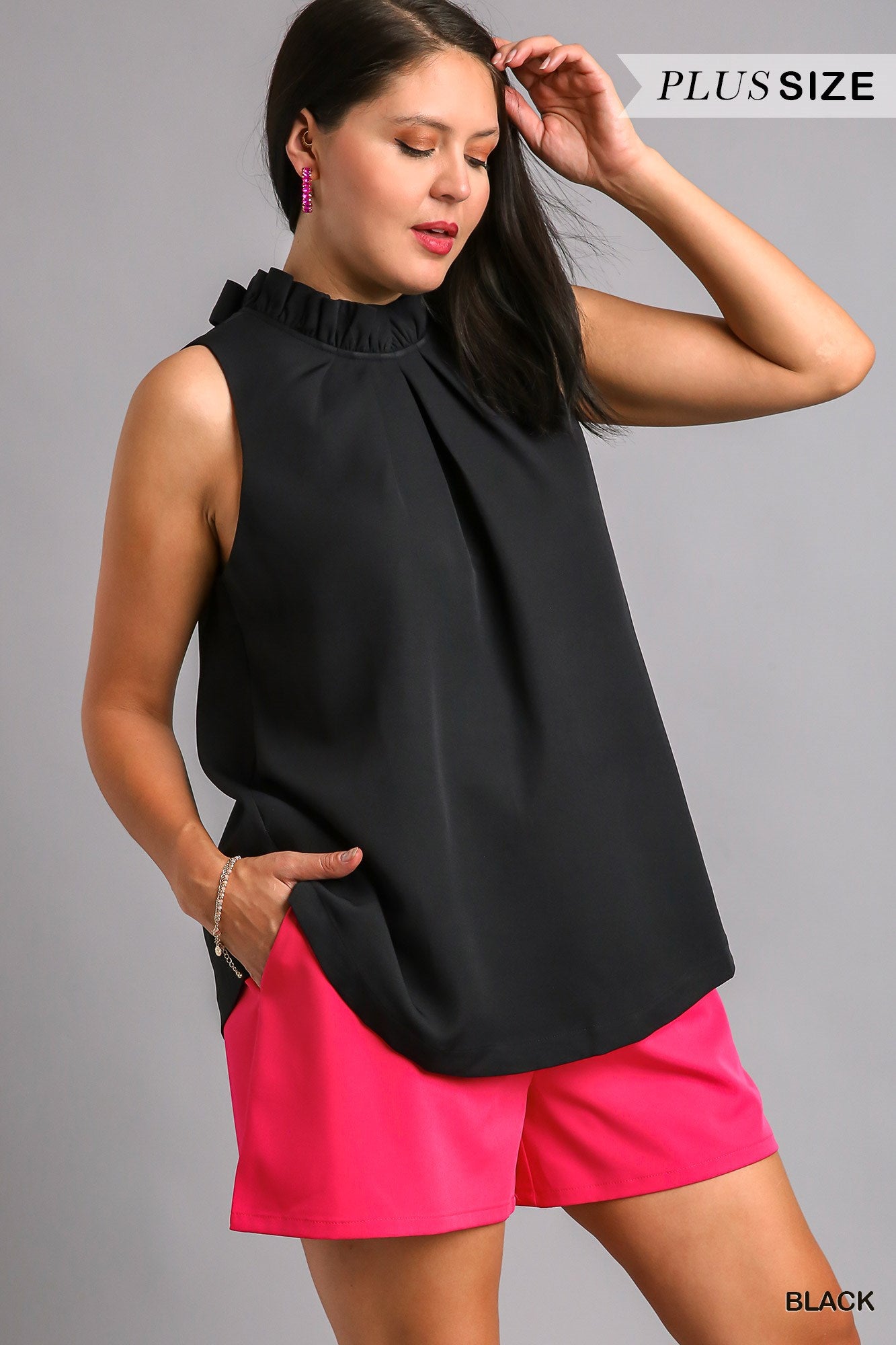 Umgee Plus Ruffle Neck Sleeveless Pleats Back Bow Tie Top