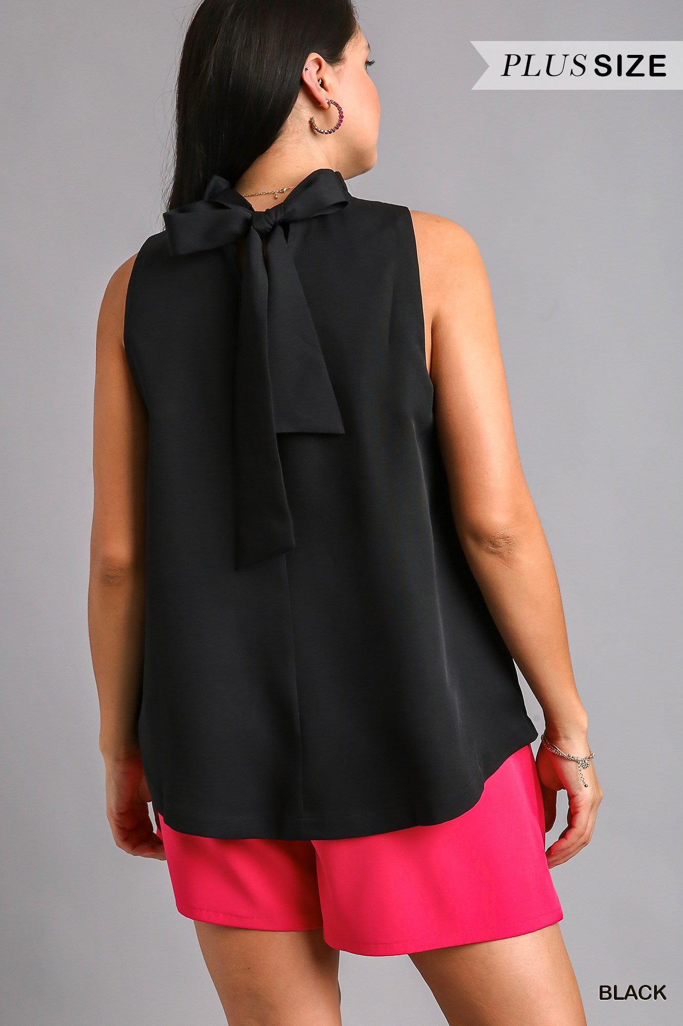 Umgee Plus Ruffle Neck Sleeveless Pleats Back Bow Tie Top