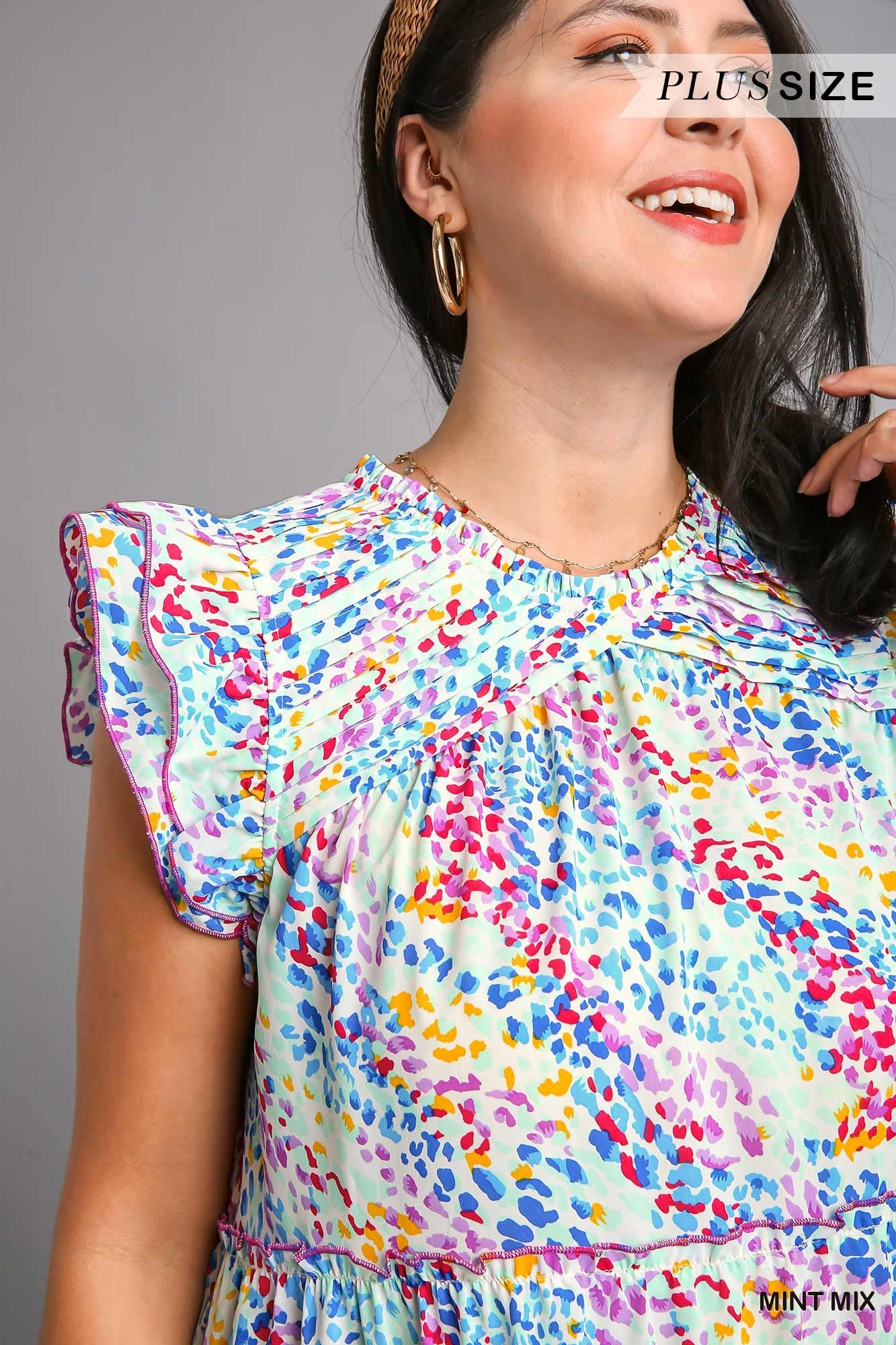 Umgee Plus Pin-Tuck Ruffle Flutter Sleeve Mixed Print Keyhole Dress