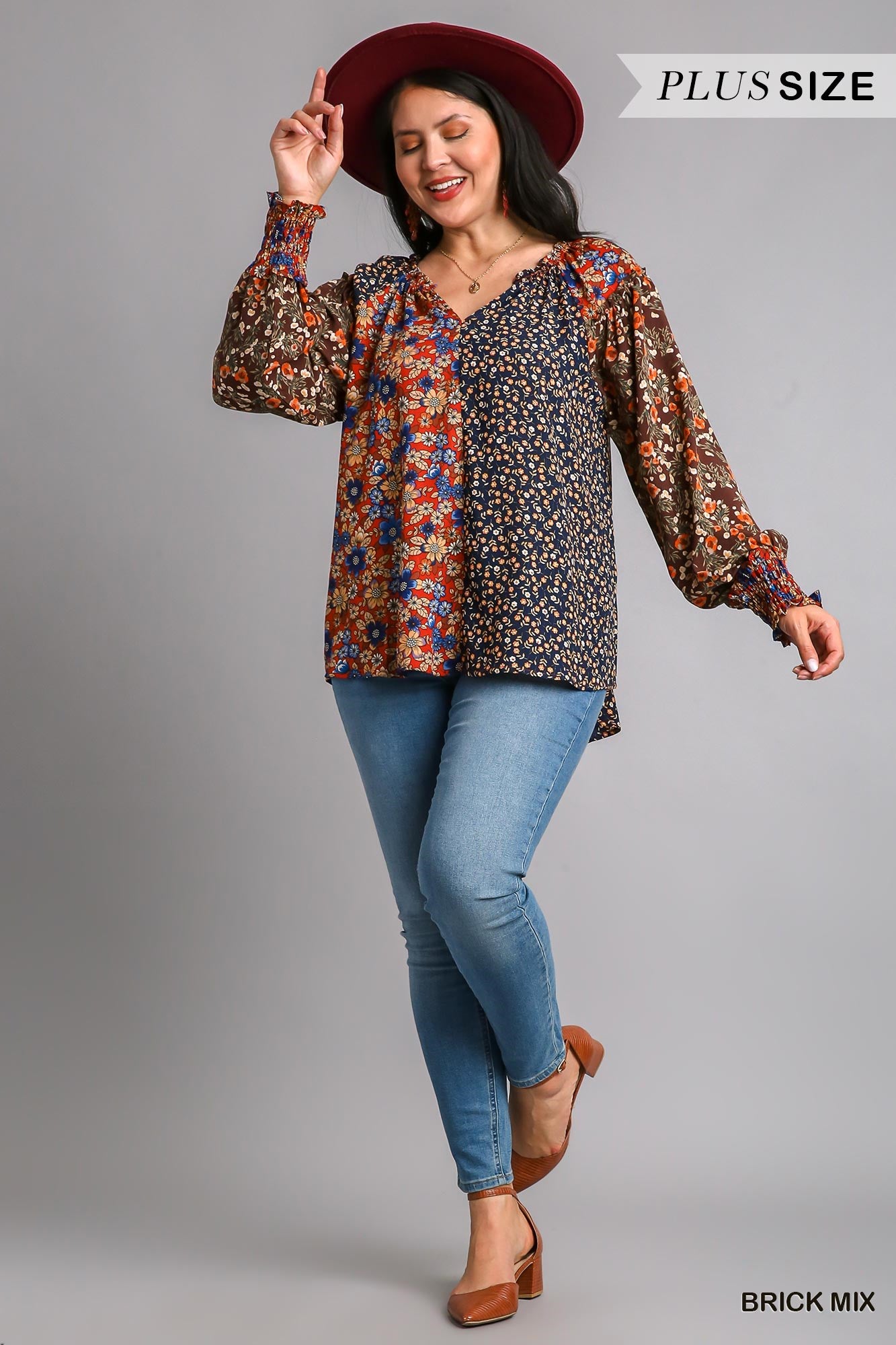 Umgee Plus Mixed Flower Print Split Neck High Low Hem Top