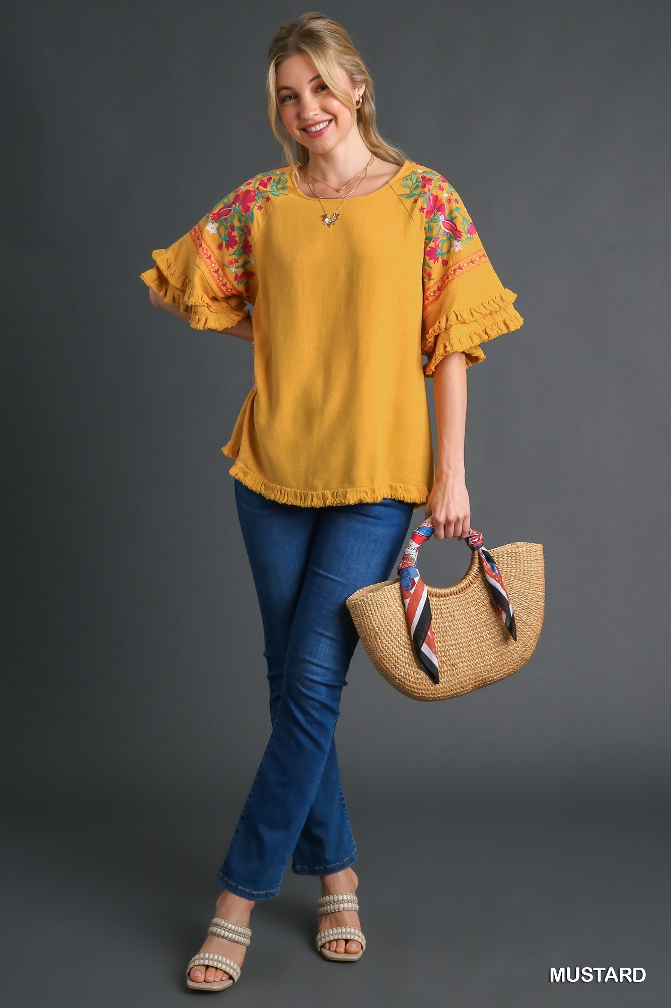 Umgee Embroidery Sleeve & Unfinished Frayed Hem Linen Blend Top - Roulhac Fashion Boutique