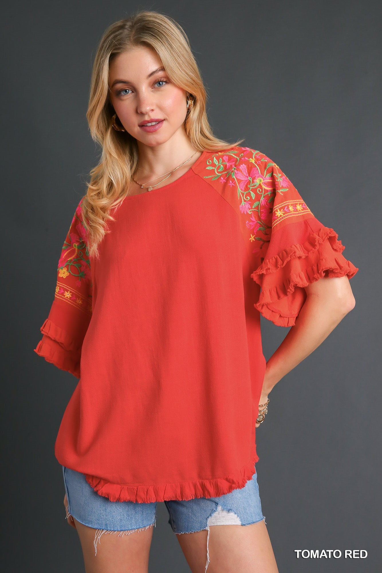 Umgee Embroidery Sleeve & Unfinished Frayed Hem Linen Blend Top - Roulhac Fashion Boutique
