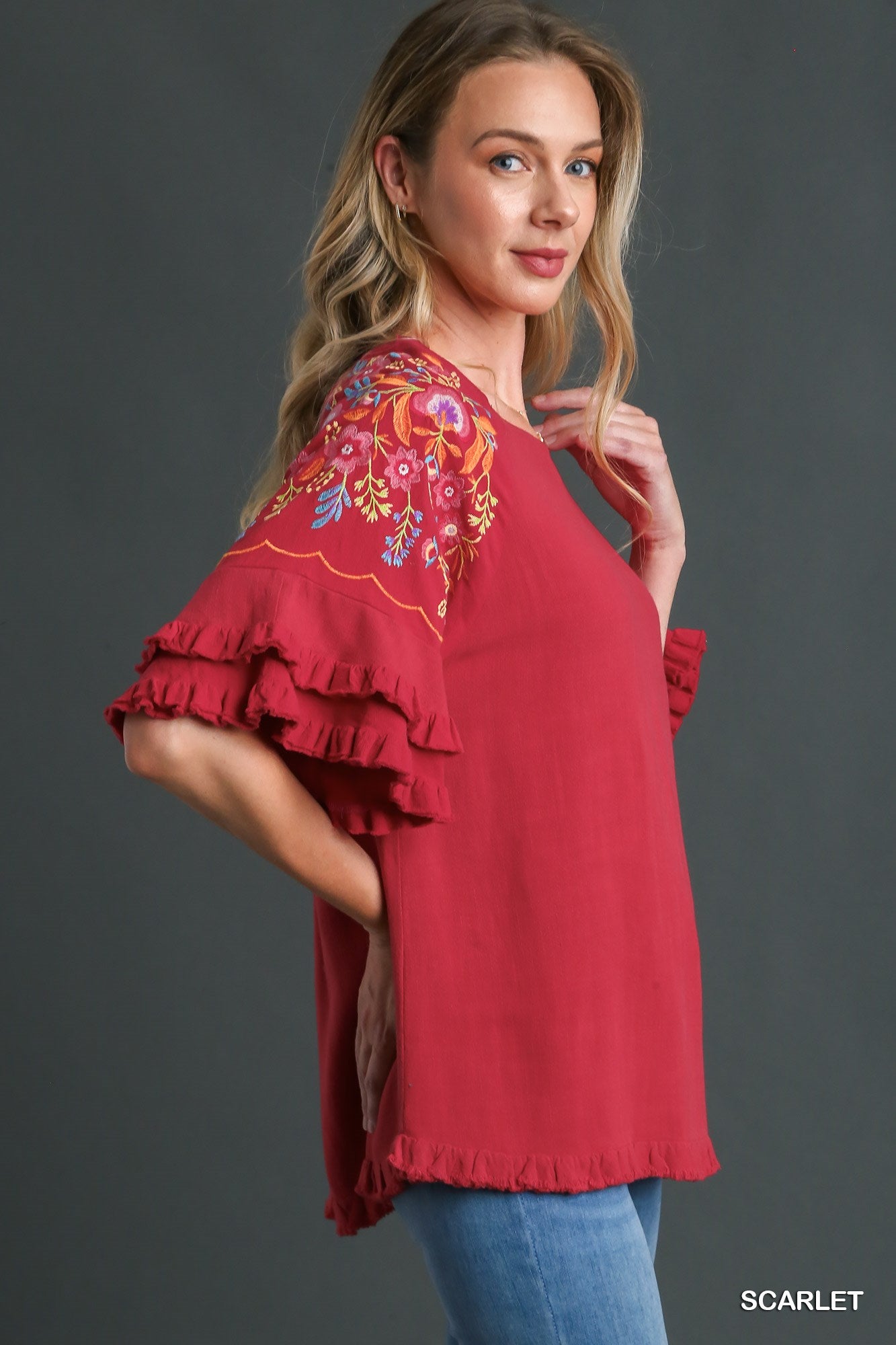 Umgee Embroidery Bell Sleeve Unfinished Frayed Hem Linen Blend Top - Roulhac Fashion Boutique