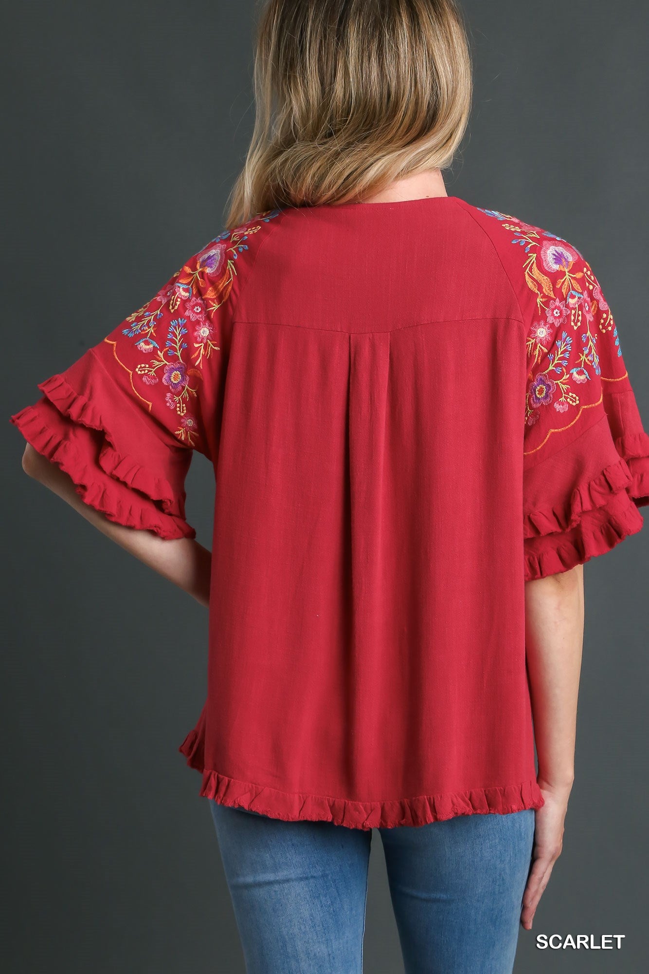 Umgee Embroidery Bell Sleeve Unfinished Frayed Hem Linen Blend Top - Roulhac Fashion Boutique