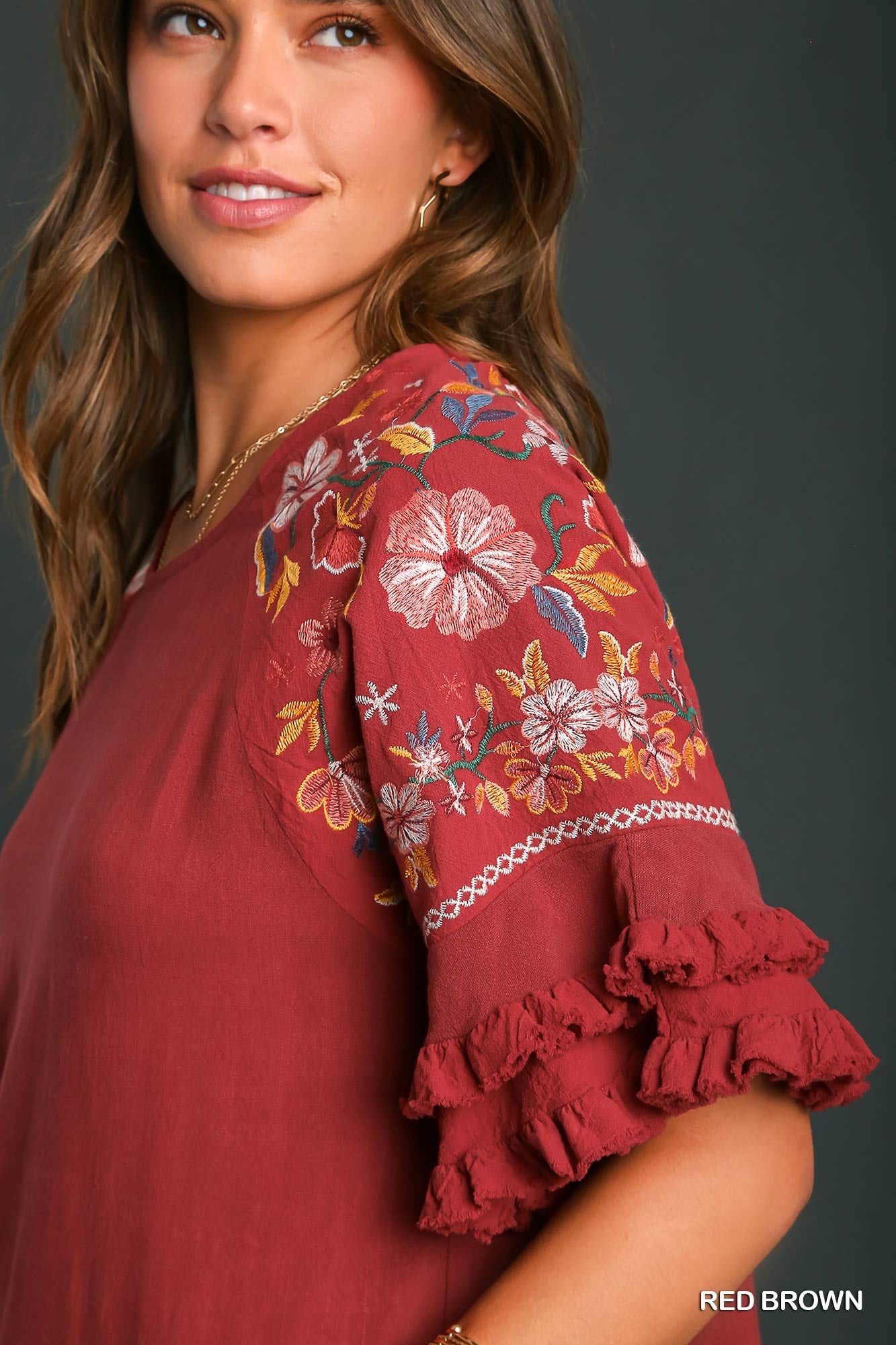 Umgee Embroidery Bell Sleeve Linen Blend Unfinished Frayed Hem Top - Roulhac Fashion Boutique