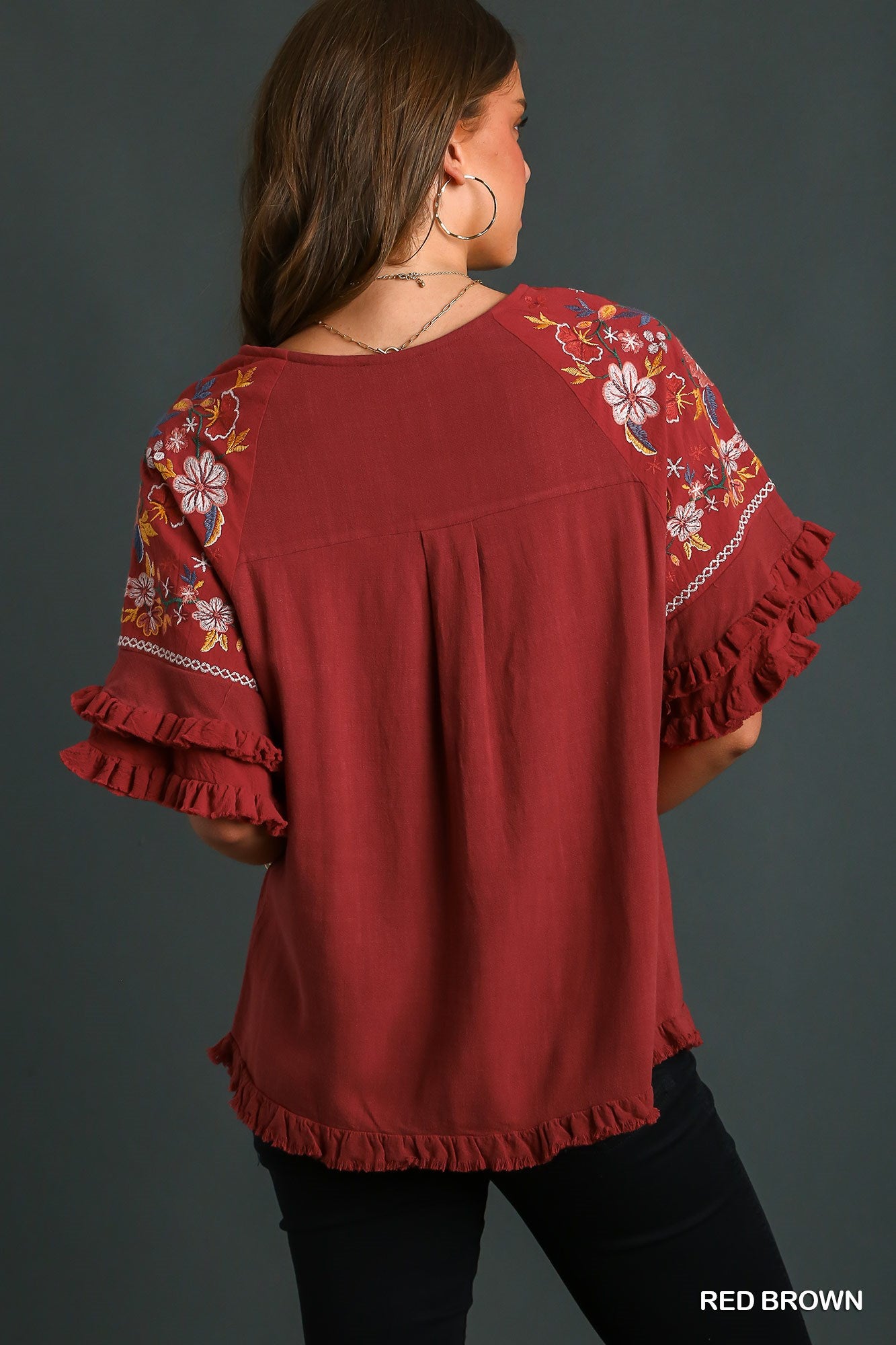 Umgee Embroidery Bell Sleeve Linen Blend Unfinished Frayed Hem Top - Roulhac Fashion Boutique