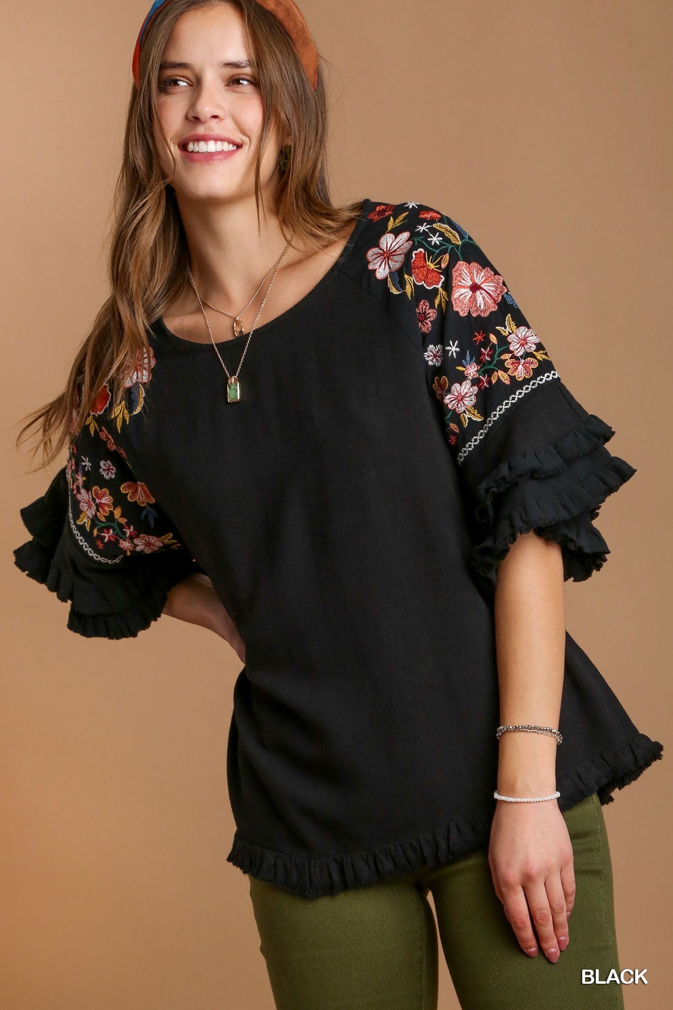 Umgee Embroidery Bell Sleeve Linen Blend Unfinished Frayed Hem Top