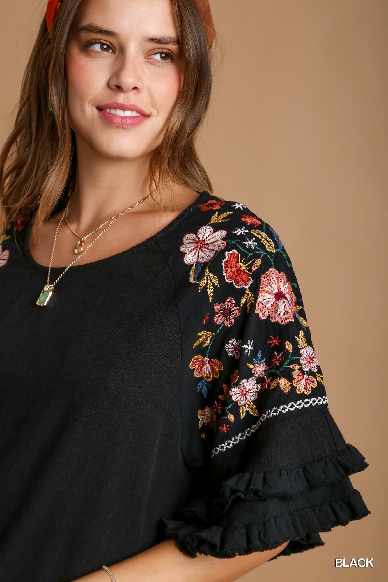 Umgee Embroidery Bell Sleeve Linen Blend Unfinished Frayed Hem Top