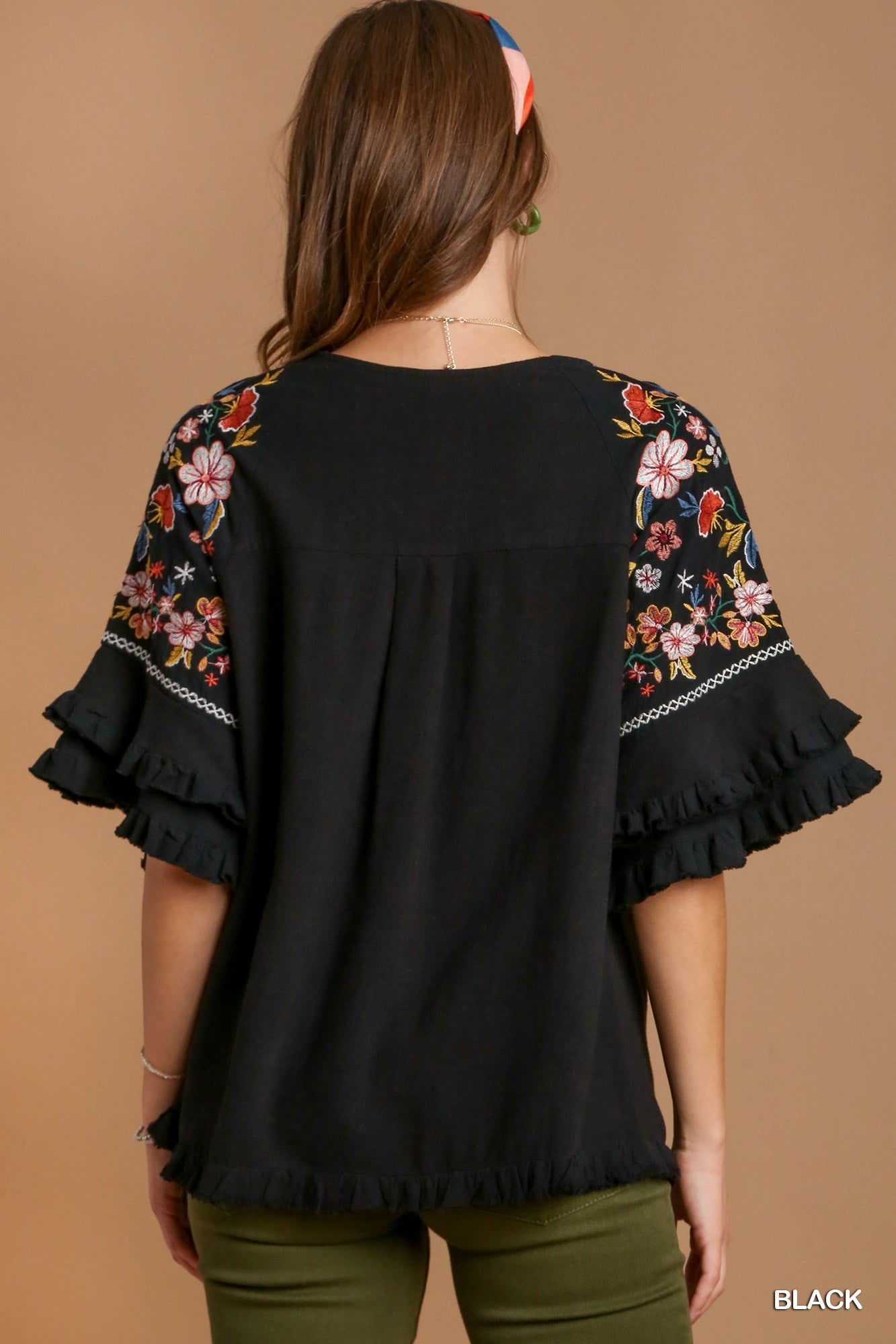 Umgee Embroidery Bell Sleeve Linen Blend Unfinished Frayed Hem Top