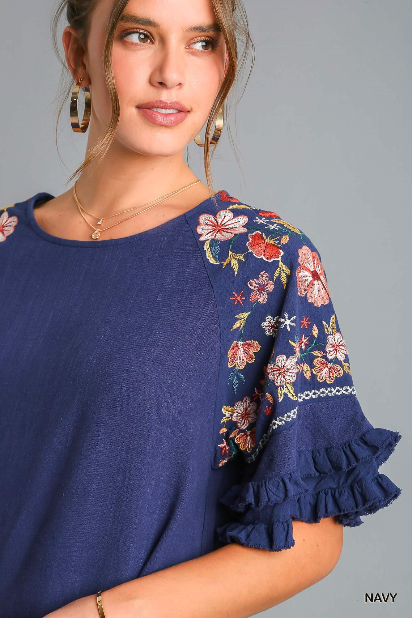 Umgee Embroidery Bell Sleeve Linen Blend Unfinished Frayed Hem Top - Roulhac Fashion Boutique