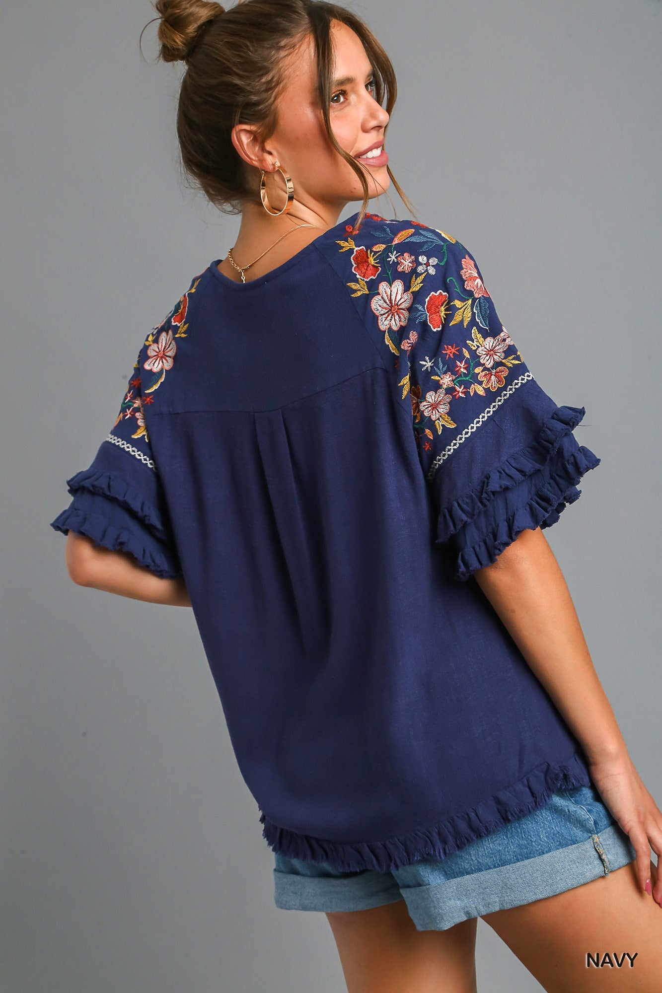 Umgee Embroidery Bell Sleeve Linen Blend Unfinished Frayed Hem Top - Roulhac Fashion Boutique