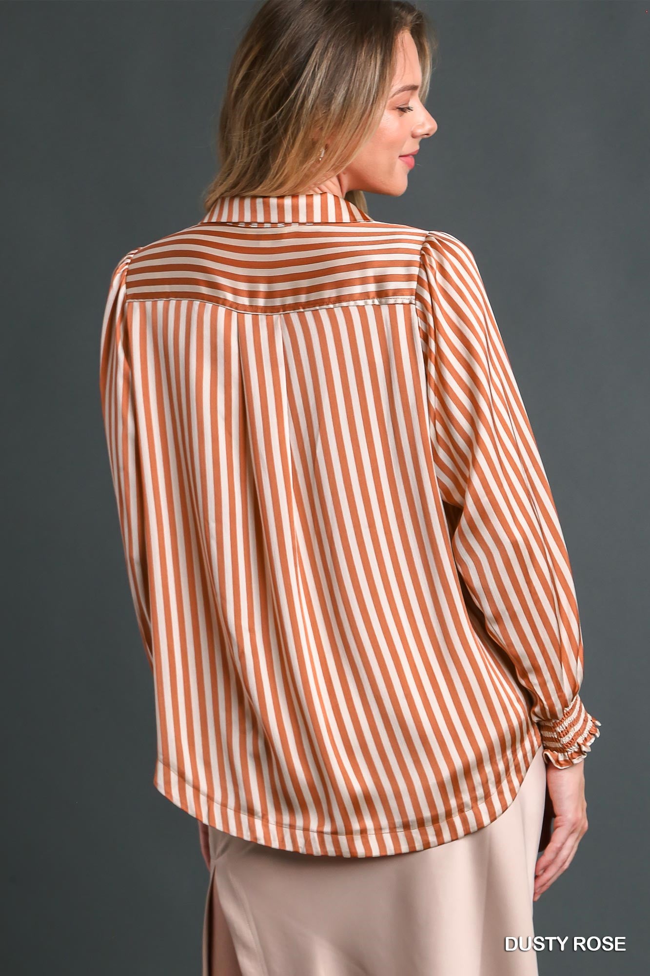 Umgee Satin Stripe Split Neck Smocking Collar Long Sleeve Top - Roulhac Fashion Boutique