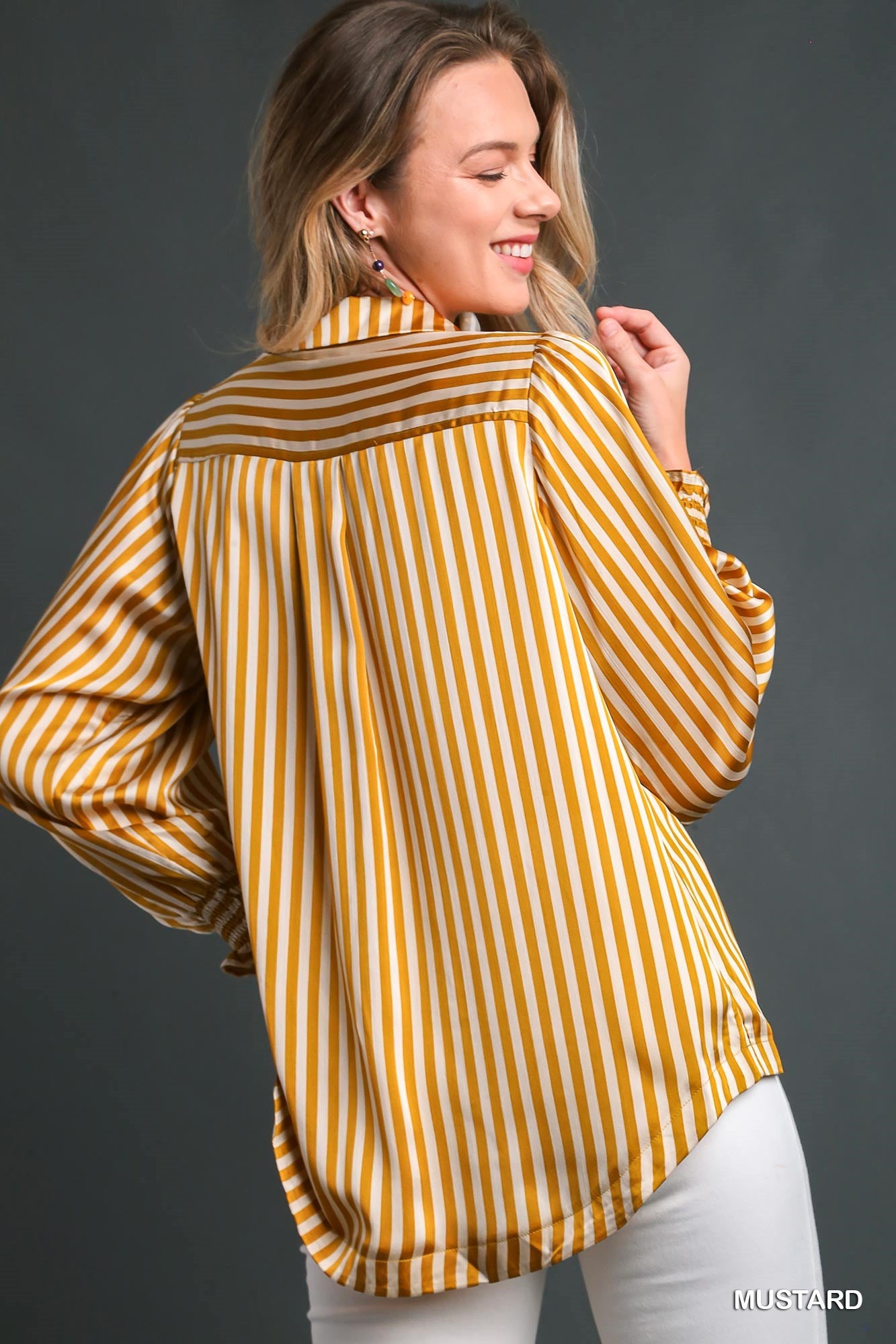 Umgee Satin Stripe Split Neck Smocking Collar Long Sleeve Top - Roulhac Fashion Boutique