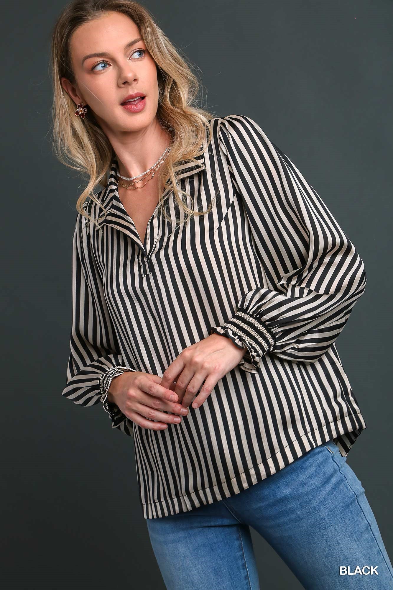 Umgee Satin Stripe Split Neck Smocking Collar Long Sleeve Top