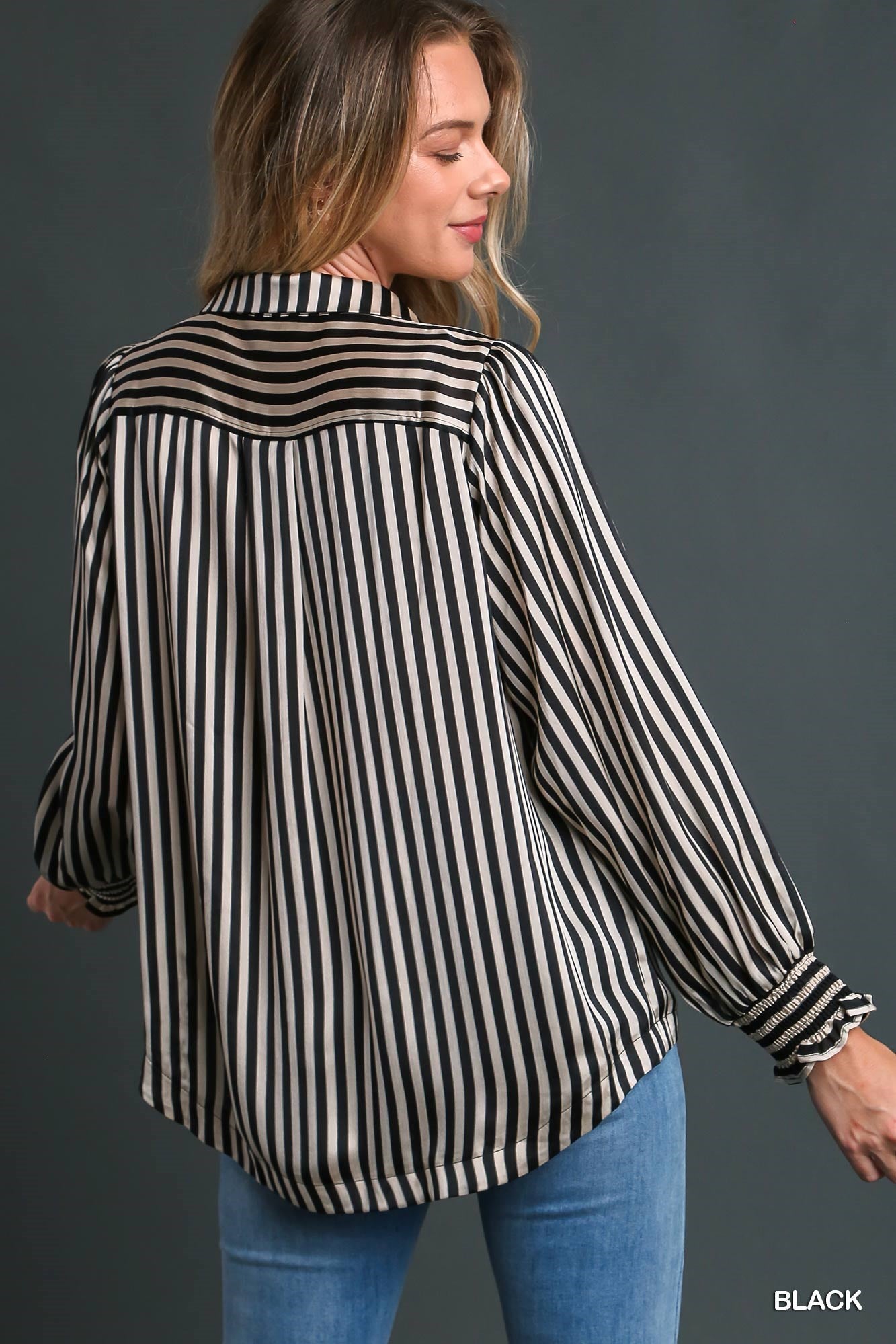 Umgee Satin Stripe Split Neck Smocking Collar Long Sleeve Top