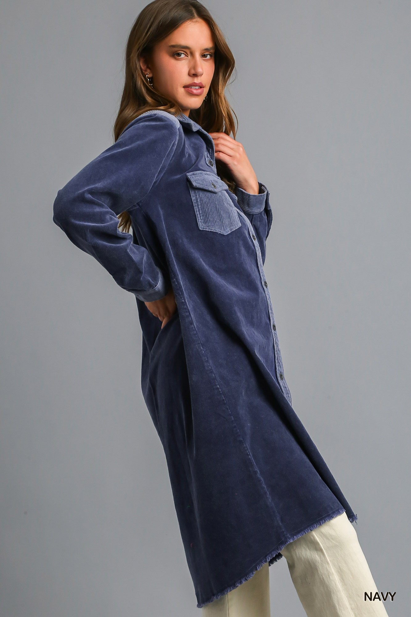 Umgee Mineral Wash Corduroy Button Down Shirt Jacket Dress - Roulhac Fashion Boutique