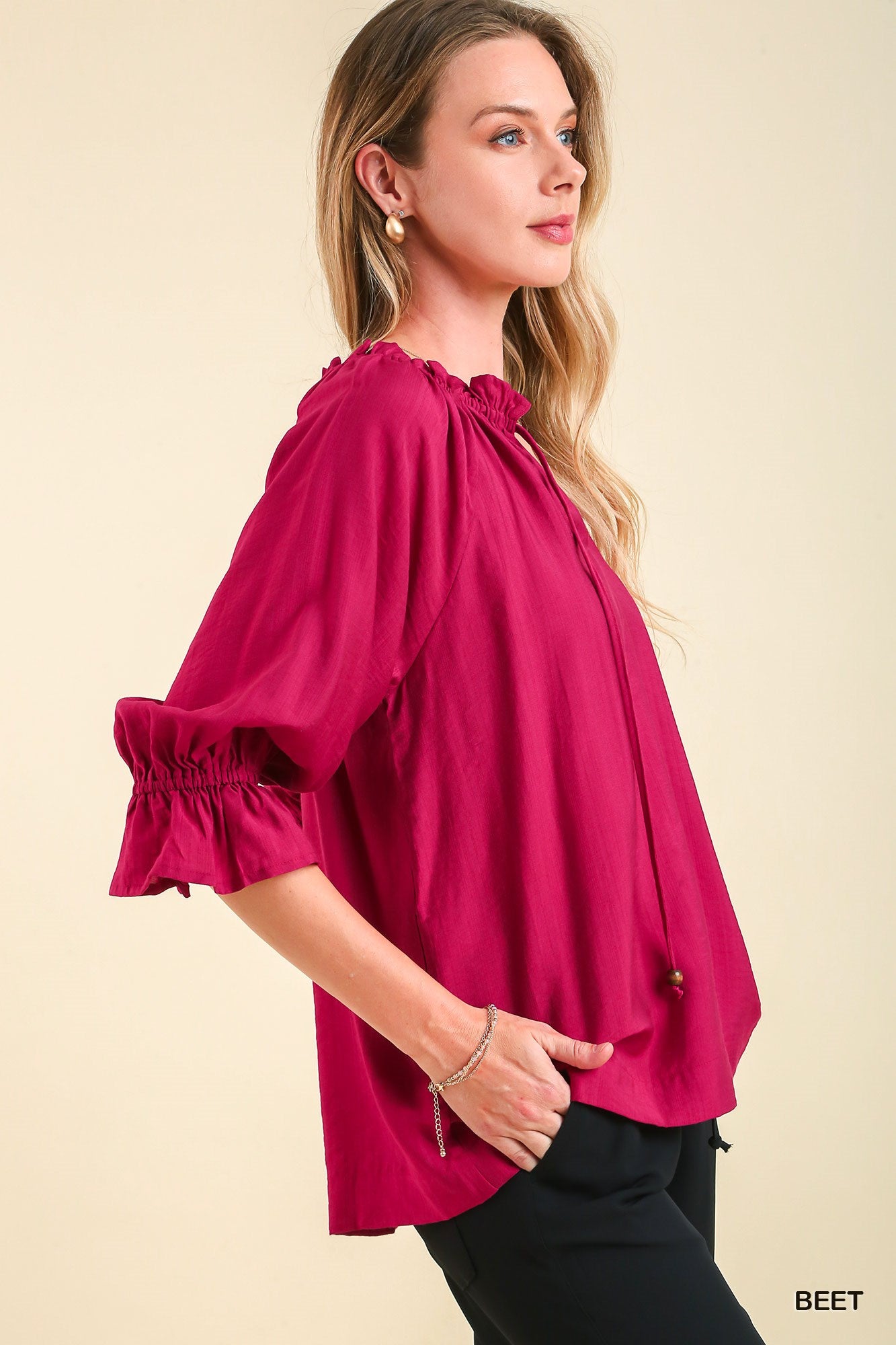 Umgee Ruffle V-Neck & Tassel Tie 3/4 Cuff Bell Sleeves Top - Roulhac Fashion Boutique