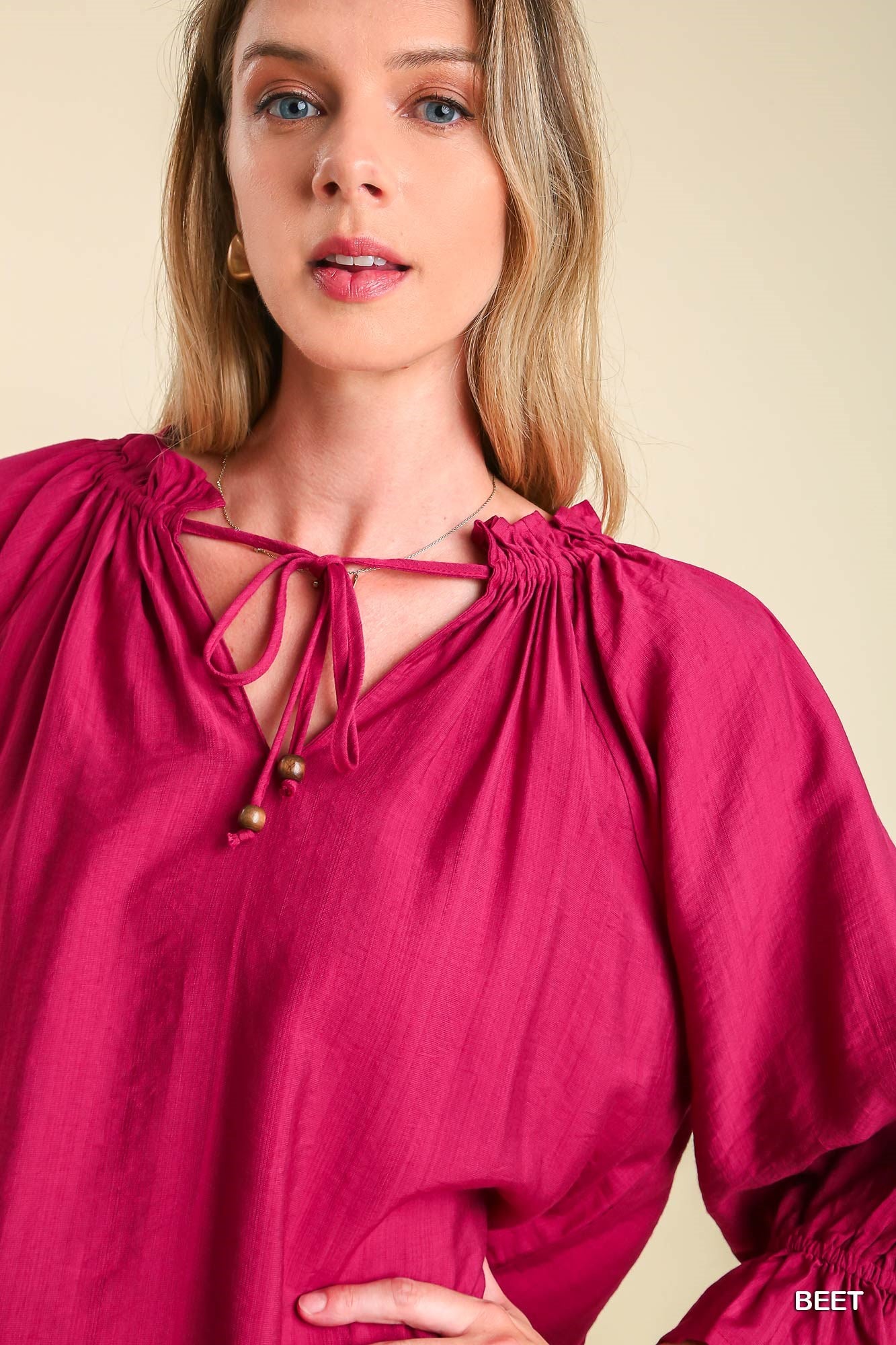 Umgee Ruffle V-Neck & Tassel Tie 3/4 Cuff Bell Sleeves Top - Roulhac Fashion Boutique