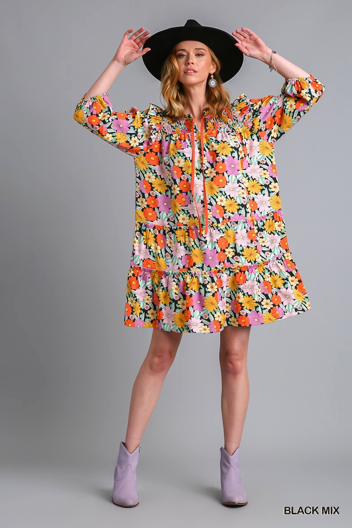 Umgee Mix Double Ruffle Flower Print Quarter Sleeve Tiered Mini Dress - Roulhac Fashion Boutique