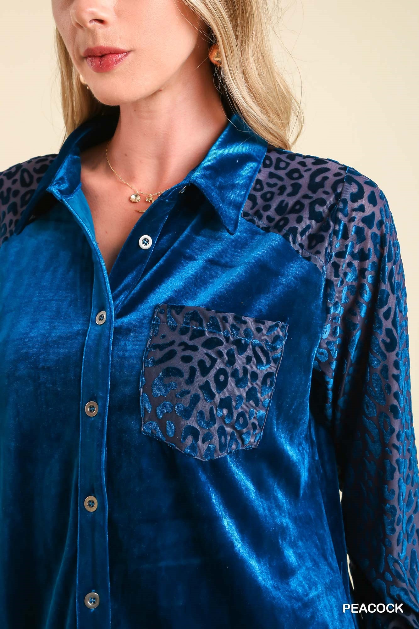 Umgee Velvet Collar Button Down Animal Print Sleeves Chest Pocket Jacket - Roulhac Fashion Boutique