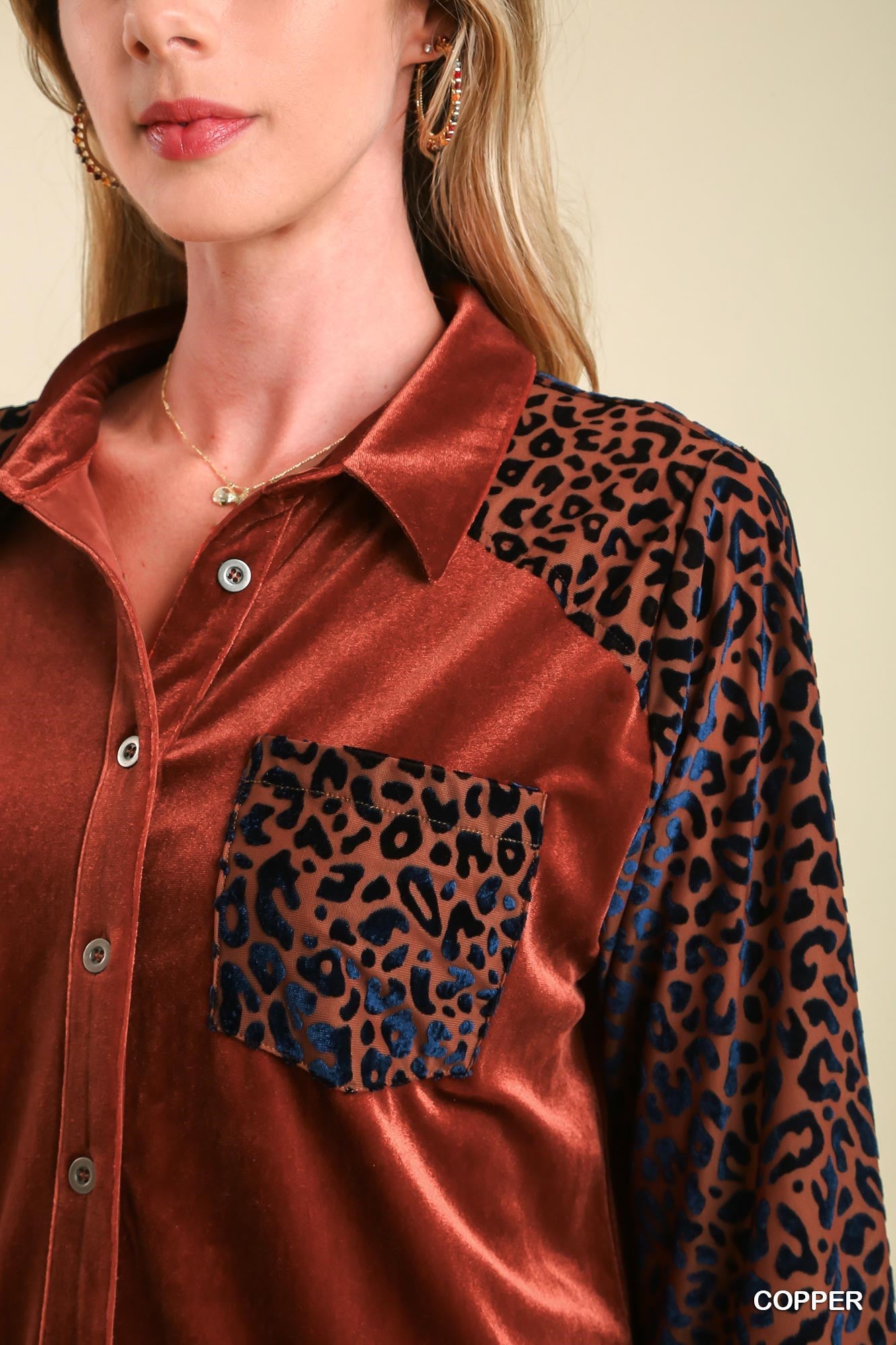 Umgee Velvet Collar Button Down Animal Print Sleeves Chest Pocket Jacket