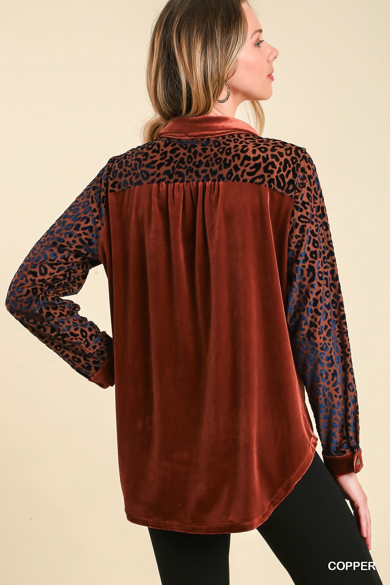 Umgee Velvet Collar Button Down Animal Print Sleeves Chest Pocket Jacket