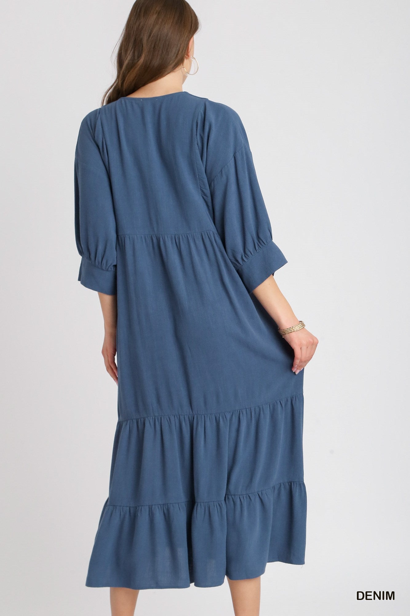 Umgee Linen V-Neck Button Details Maxi Dress