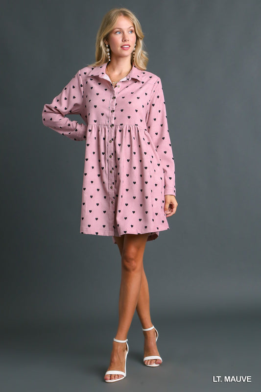 Umgee Heart Corduroy Print Collar Button Up Dress - Roulhac Fashion Boutique