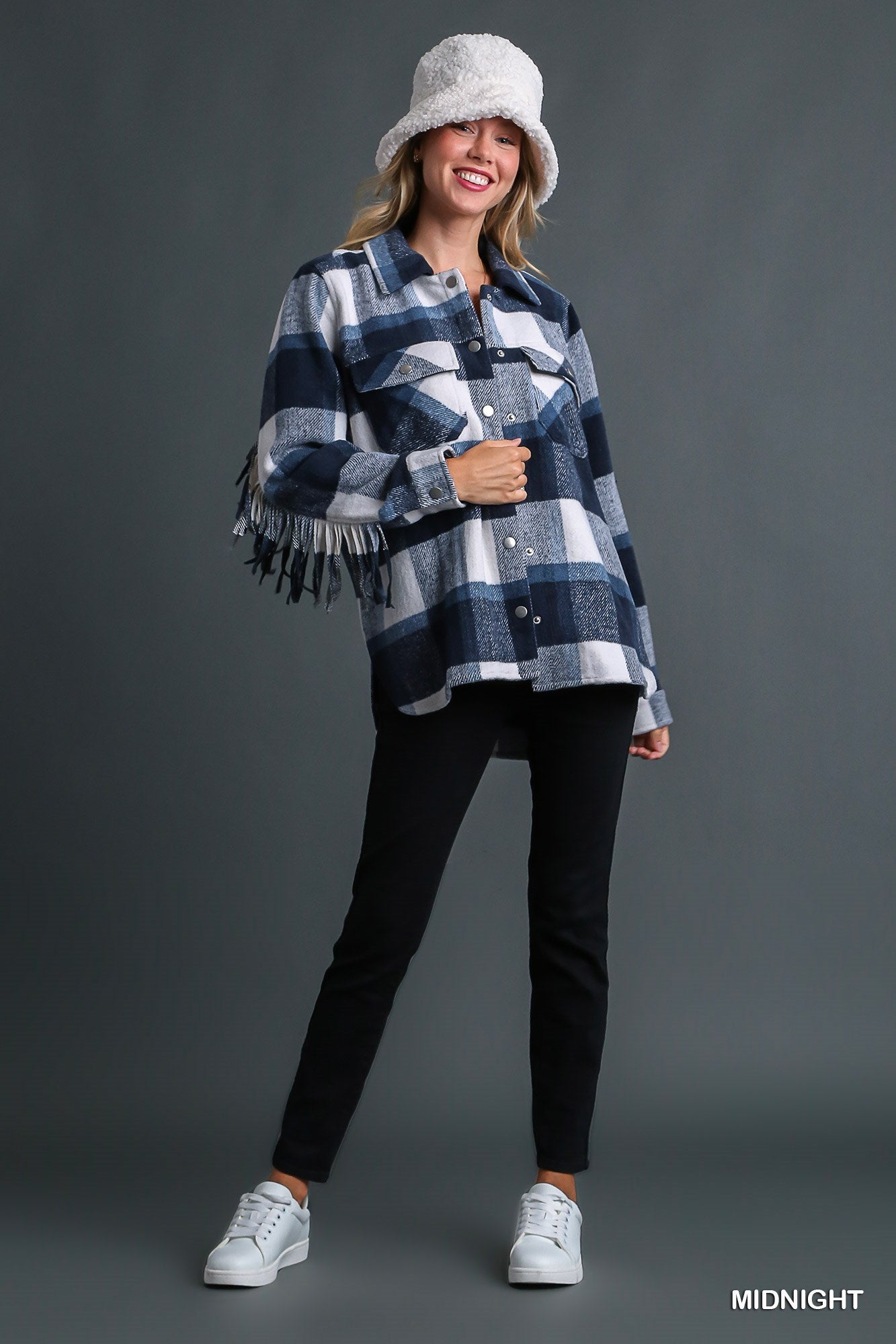 Umgee Contrast Plaid Chest Pockets & Fringe Sleeve Jacket - Roulhac Fashion Boutique