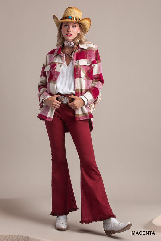 Umgee Contrast Plaid Chest Pockets & Fringe Sleeve Jacket - Roulhac Fashion Boutique