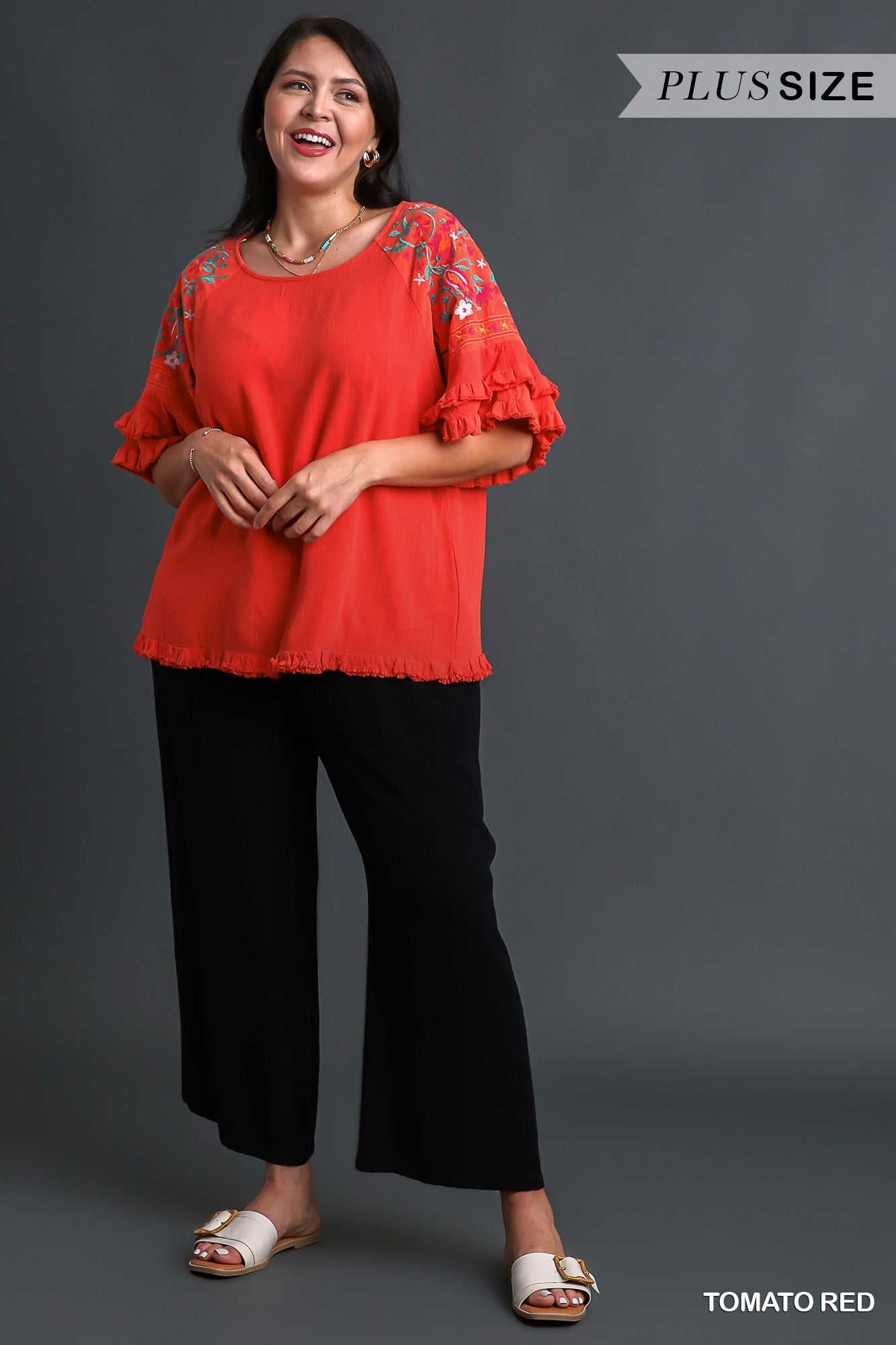 Umgee Plus Linen Blend Embroidery Bell Sleeve Frayed Hem Top