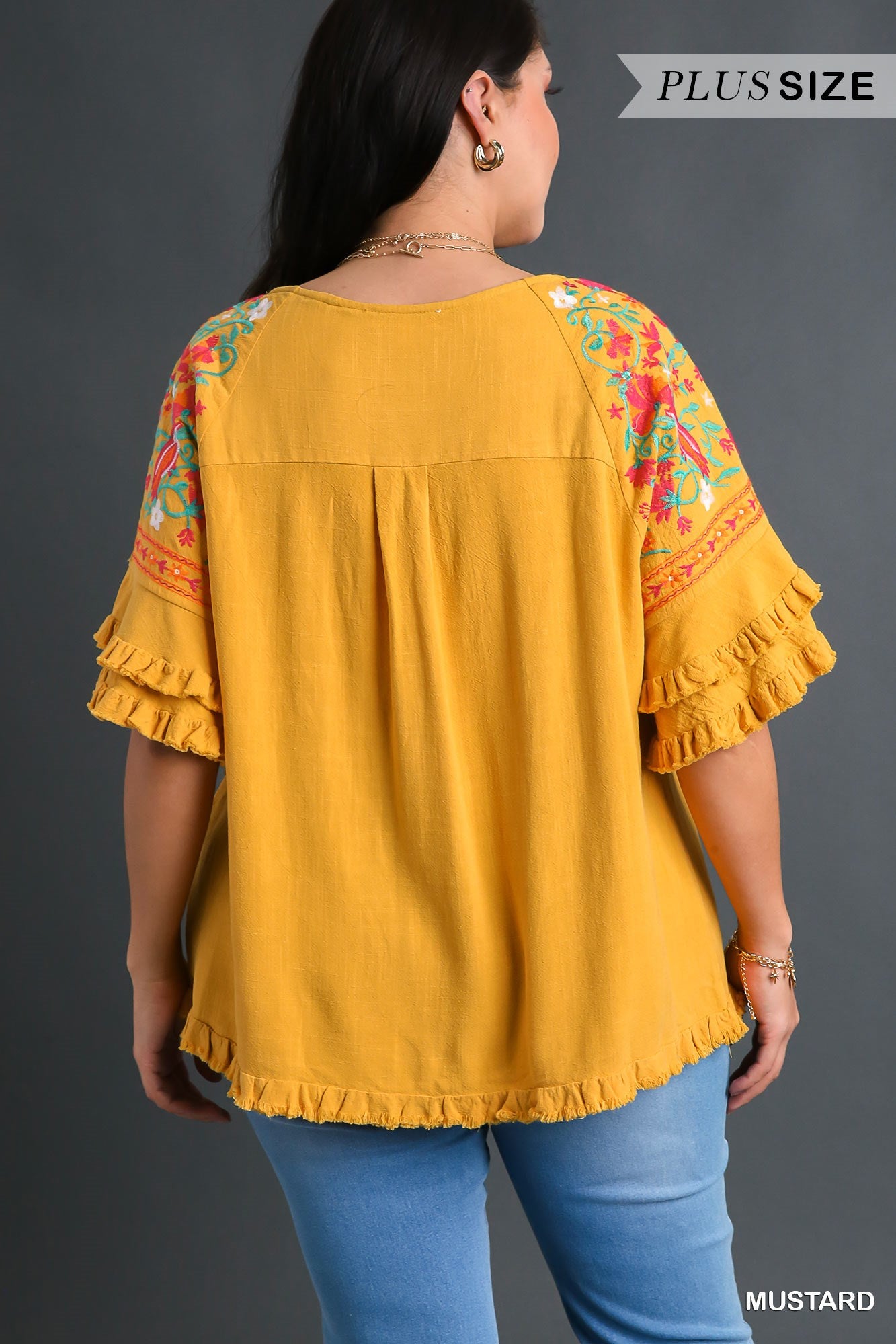 Umgee Plus Linen Blend Embroidery Bell Sleeve Frayed Hem Top