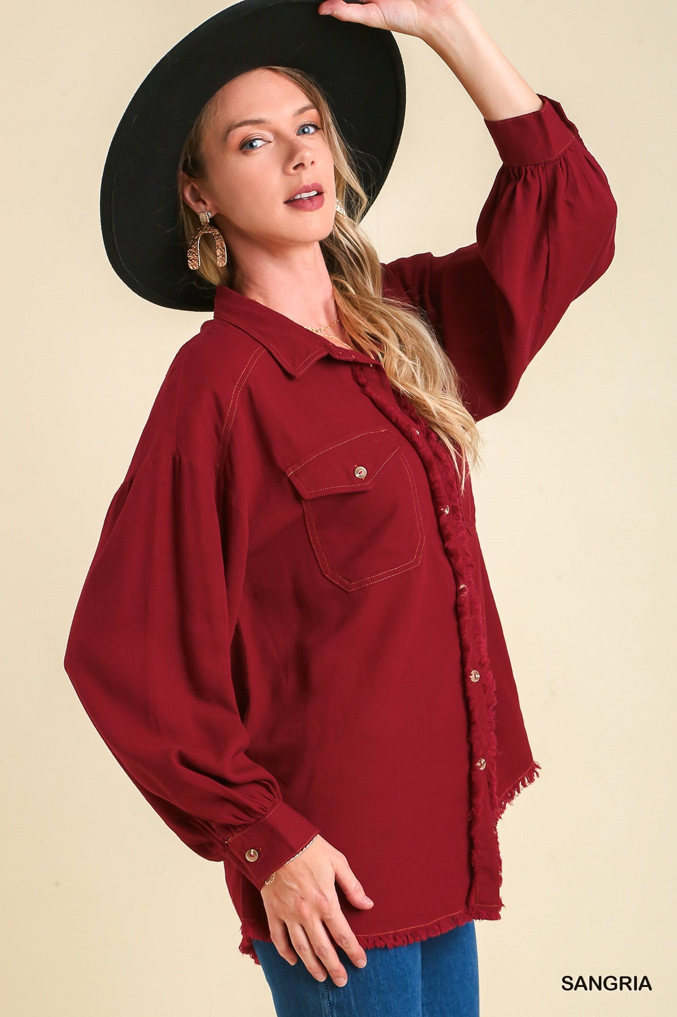 Umgee Contrast Stitching Button Down Unfished Frayed Hem Jacket - Roulhac Fashion Boutique