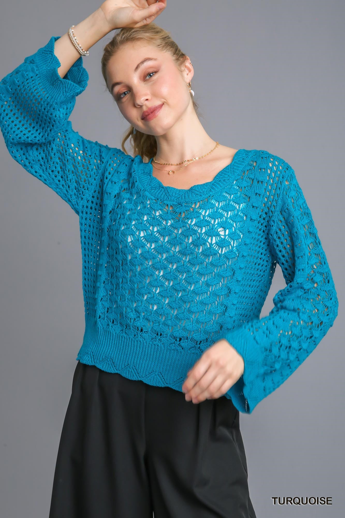 Umgee Crochet Light Weight Back Strap Pullover Sweater