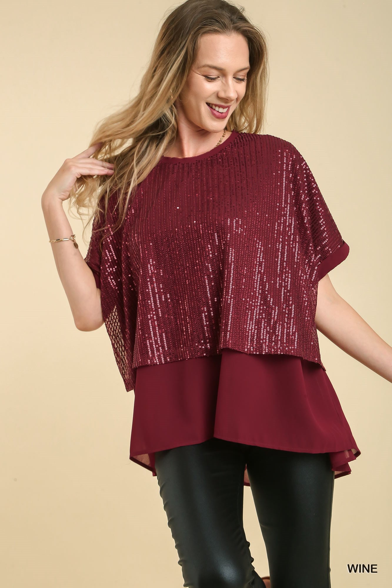 Umgee Sequin Round Neck Layering Back Button Keyhole Top - Roulhac Fashion Boutique