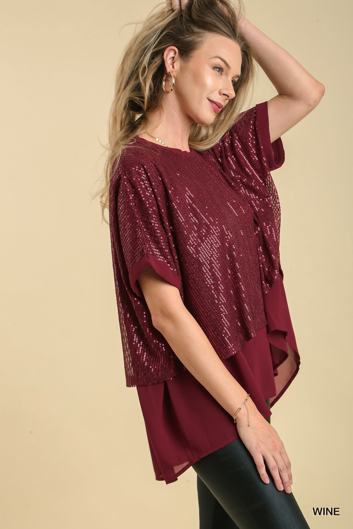 Umgee Sequin Round Neck Layering Back Button Keyhole Top - Roulhac Fashion Boutique