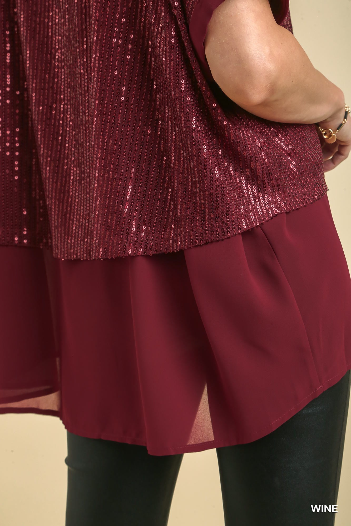 Umgee Sequin Round Neck Layering Back Button Keyhole Top