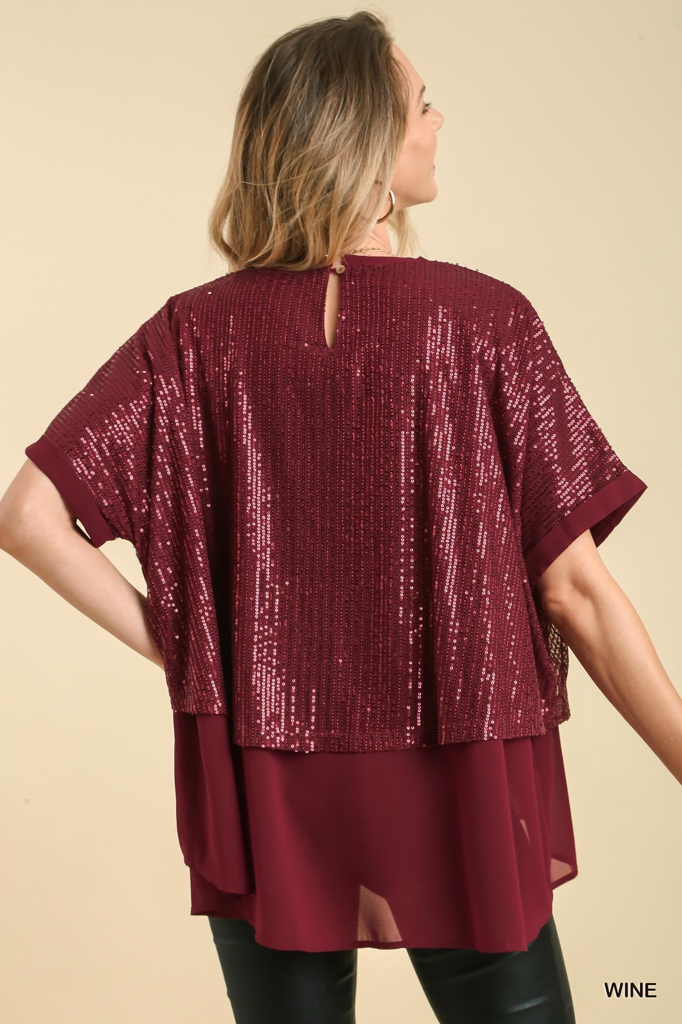 Umgee Sequin Round Neck Layering Back Button Keyhole Top